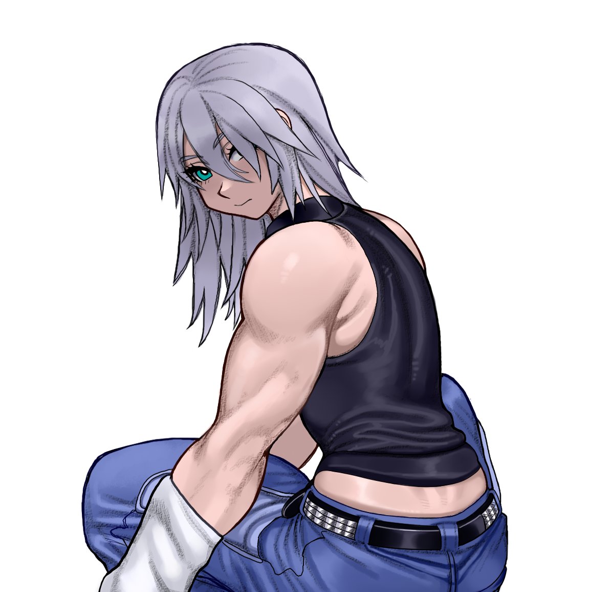 riku (kingdom hearts), kingdom hearts, 1boy, bare shoulders, belt, blue eyes, chuchubreeze, closed mouth, denim, eyelashes, grey hair, hair over one eye, jeans, long hair, male focus, midriff peek, pants, sitting, sleeveless, studded belt, tight clothes, toned, toned male, white background