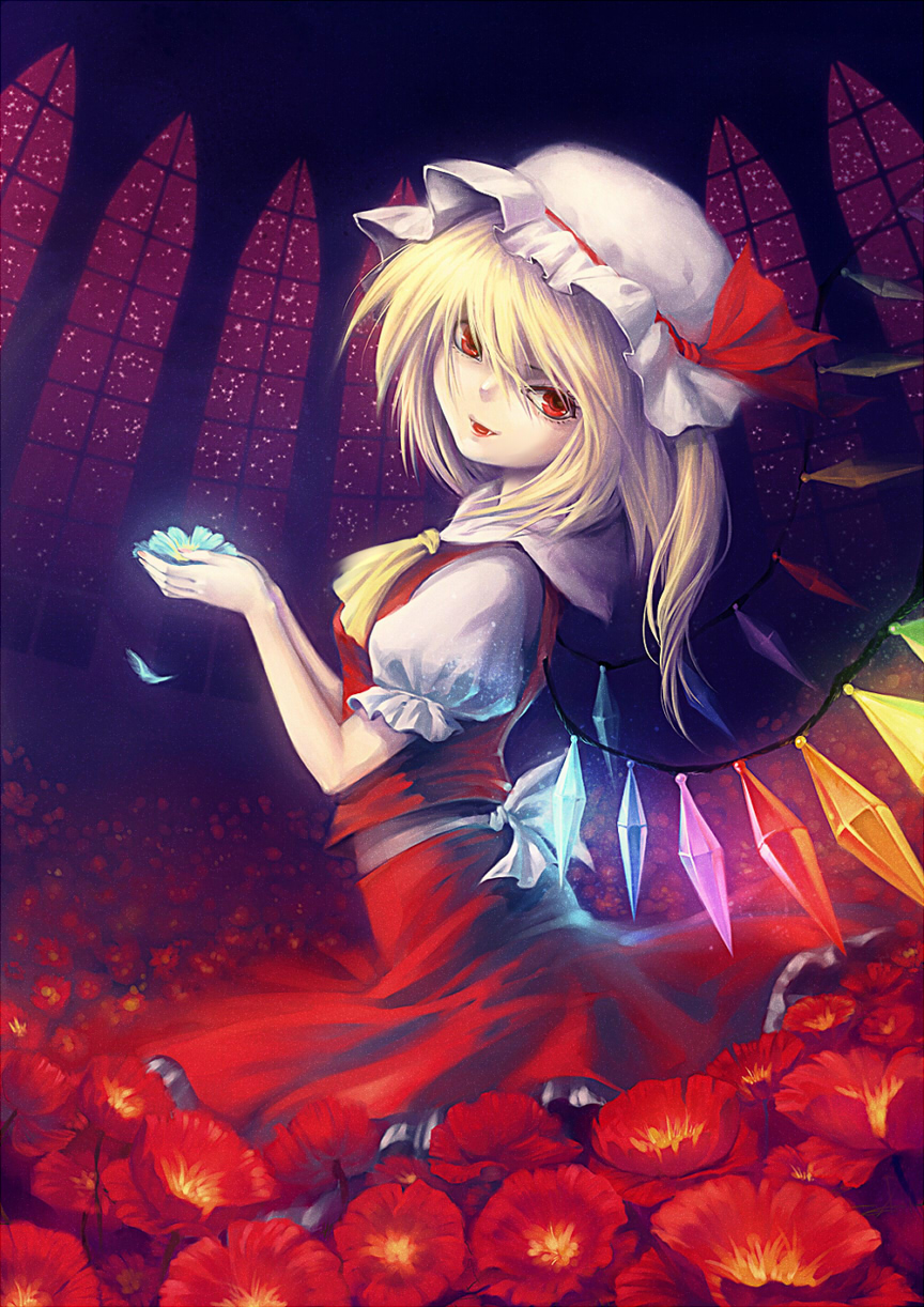 kieta, flandre scarlet, touhou, highres, 1girl, blonde hair, fangs, female focus, flower, glowing, ponytail, red eyes, short hair, side ponytail, solo, wings