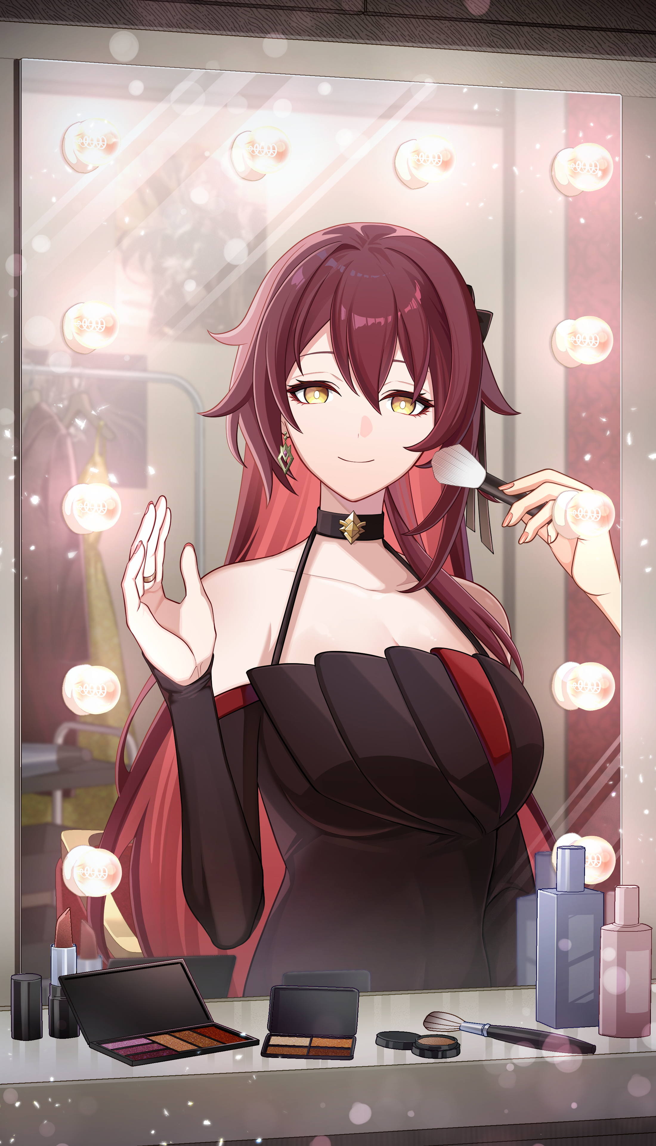 eden (honkai impact), honkai (series), honkai impact 3rd, absurdres, commentary request, highres, official art, 1girl, 1other, applying makeup, bare shoulders, black dress, breasts, brown hair, clothes hanger, dress, large breasts, light bulb, long hair, makeup, mirror, onono onoco, reflection, smile, very long hair, yellow eyes