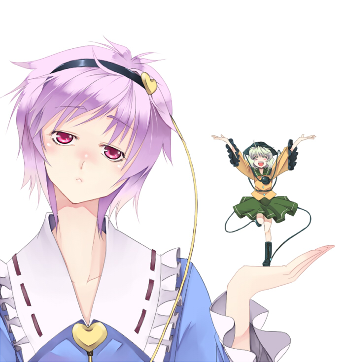 kurokuro, komeiji koishi, komeiji satori, touhou, bad id, bad pixiv id, 2girls, :<, ^ ^, arms up, bad anatomy, bad proportions, blush, closed eyes, female focus, foreshortening, green eyes, hairband, hat, heart, long neck, mini person, minigirl, multiple girls, open mouth, pink eyes, poorly drawn, pun, purple hair, short hair, siblings, simple background, sisters, smile, standing, standing on one leg