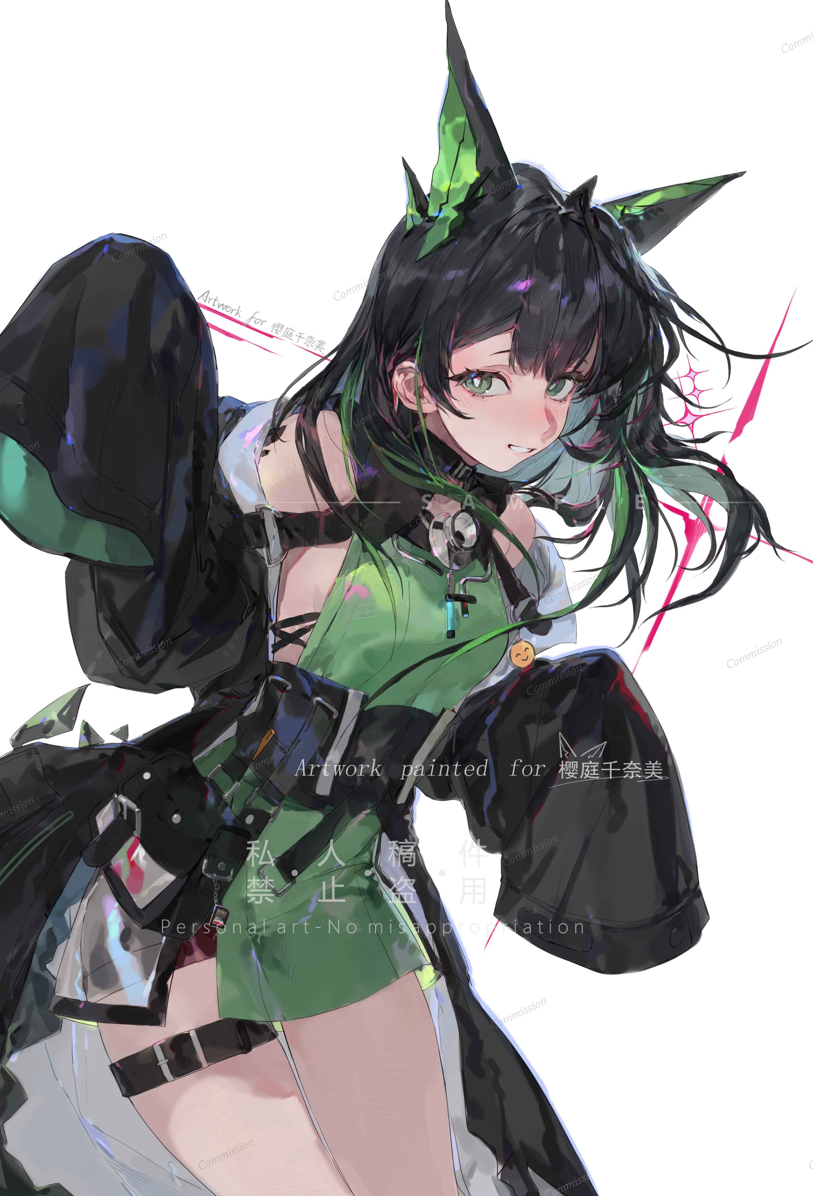 qingfeng canying, mon3tr (arknights), arknights, monster energy, absurdres, commentary, commission, highres, 1girl, ahoge, bare shoulders, belt, black hair, black jacket, breasts, bright pupils, colored inner hair, commissioner name, cowboy shot, dress, energy tail, green dress, green eyes, green hair, green streaks, hands up, huge ahoge, jacket, jacket partially removed, long hair, long sleeves, looking at viewer, material growth, medium breasts, multicolored hair, off shoulder, open mouth, oripathy lesion (arknights), sideboob, sidelocks, simple background, sleeves past fingers, sleeves past wrists, smile, solo, stethoscope around neck, streaked hair, tail, thigh belt, thigh strap, white background, white pupils