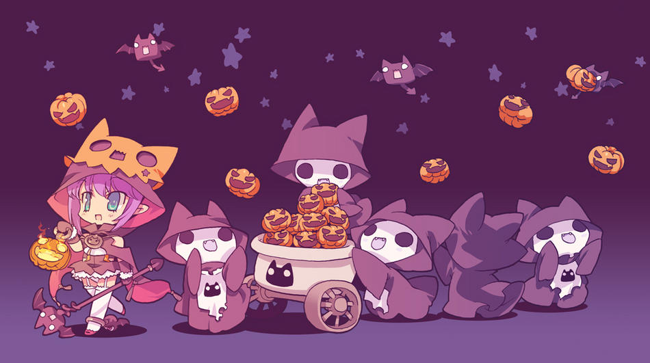 blade (galaxist), red footwear, 1girl, animal, animal hood, anklet, bat (animal), black background, black cloak, black gloves, black mittens, black skirt, blue eyes, blush, cart, cat, cat hood, chibi, cloak, fangs, fire, garter straps, ghost, gloves, halloween, holding, hood, hood up, hooded cloak, jack-o'-lantern, jewelry, mittens, open mouth, panties, pointy ears, pumpkin, purple hair, shirt, shoes, short hair, skirt, smile, staff, star (symbol), star symbol background, thighhighs, underwear, walking, white panties, white shirt, white thighhighs