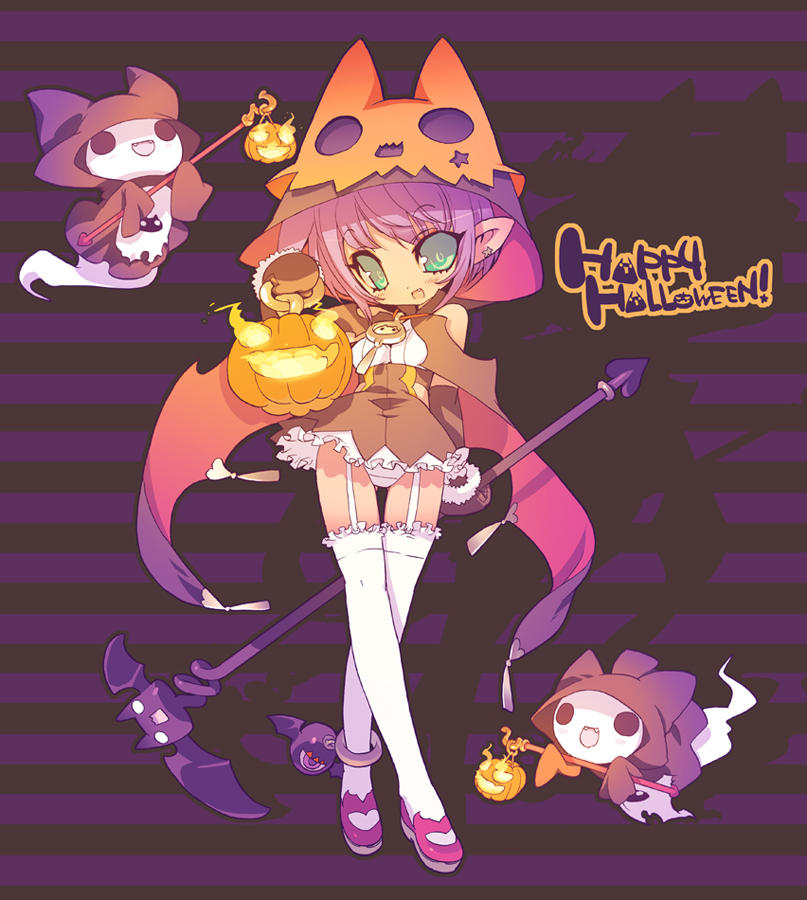 blade (galaxist), red footwear, 1girl, animal, animal hood, anklet, black background, black cloak, black gloves, black mittens, black skirt, blue eyes, blush, cat, cat hood, cloak, earrings, fangs, fire, garter straps, ghost, gloves, halloween, happy halloween, holding, hood, hood up, hooded cloak, jack-o'-lantern, jewelry, looking at viewer, mittens, open mouth, panties, pointy ears, pumpkin, purple hair, shirt, shoes, short hair, skirt, smile, staff, standing, star (symbol), star earrings, striped background, thighhighs, underwear, white panties, white shirt, white thighhighs
