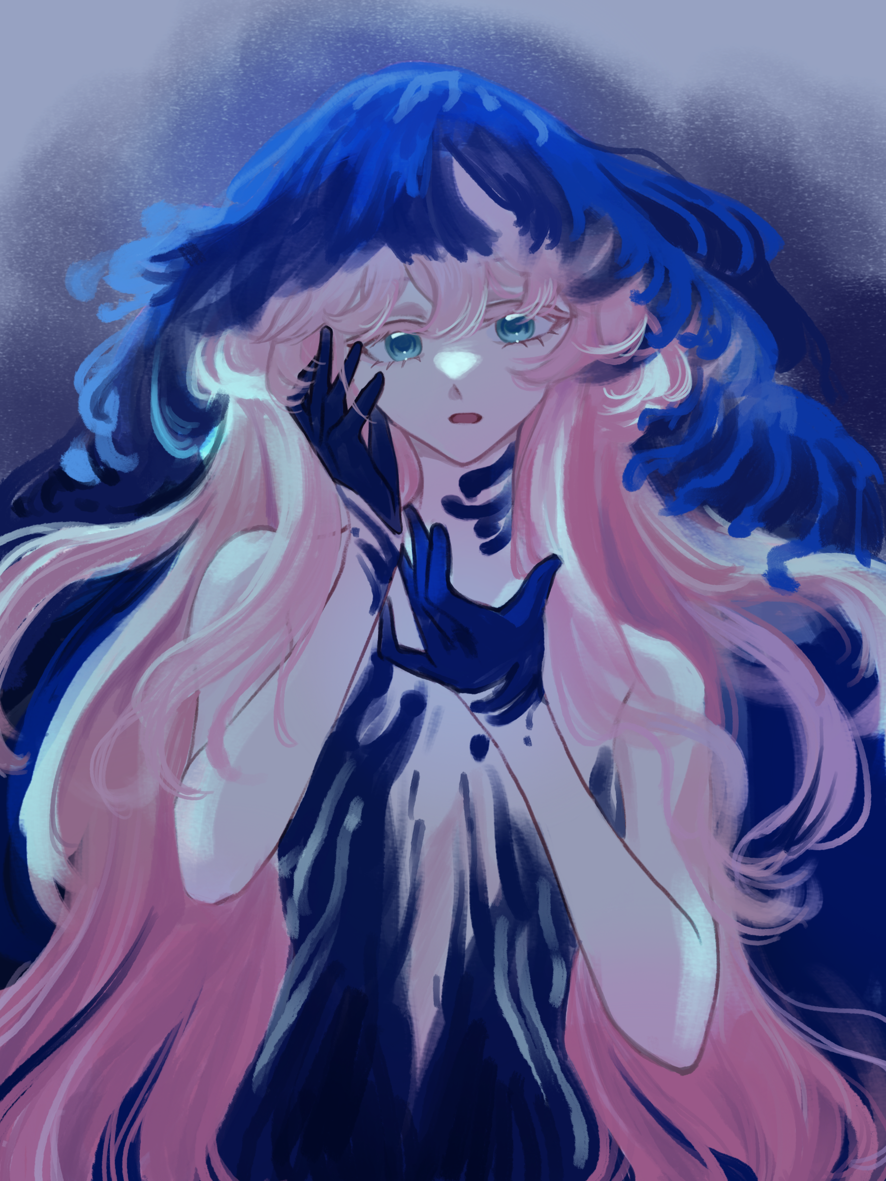 chilizi, nautika (reverse:1999), reverse:1999, absurdres, highres, 1girl, bare arms, bare shoulders, black dress, black hands, black veil, blue eyes, blue veil, colored extremities, dress, grey background, hands up, looking at viewer, open mouth, pink hair, plunging neckline, solo, strapless, strapless dress, two-tone veil, upper body, veil