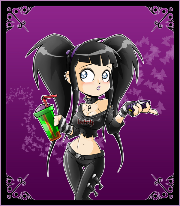 carlos g, 1girl, animal, ankh, belt, black belt, black gloves, black hair, black pants, black shirt, blue eyes, breasts, bug, butterfly, cellphone, choker, cleavage, clothes writing, collarbone, cup, drinking straw, earrings, eyeshadow, fingerless gloves, gloves, goth fashion, hairband, holding, insect, jewelry, large breasts, lipstick, long hair, long sleeves, looking to the side, makeup, midriff, narrow waist, navel, off shoulder, pants, parted lips, phone, purple background, purple lips, shirt, striped clothes, striped gloves, teeth, thigh gap, thighs, twintails