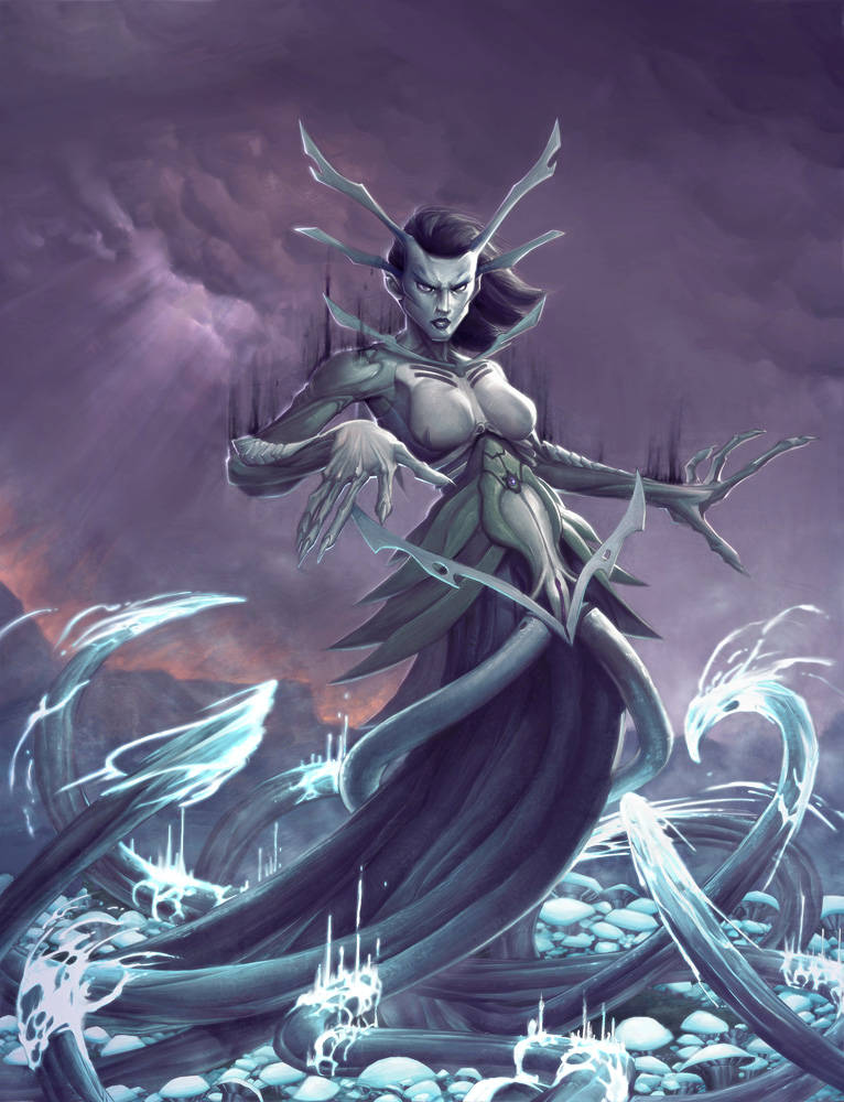 chris stevens, kevin yan, dragon magazine, >:(, 1girl, breasts, cloud, colored skin, feet out of frame, grey skin, horns, long fingers, medium breasts, monster girl, multiple horns, mushroom girl, parted lips, scylla, tentacles, v-shaped eyebrows