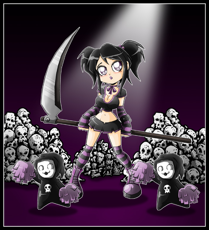 carlos g, death (entity), grim reaper, purple footwear, 1girl, :3, black cloak, black hair, black shirt, black skirt, blush, boots, breasts, cheerleader, cleavage, cloak, crop top, detached sleeves, eyeshadow, ghost, goth fashion, hair bobbles, hair ornament, hood, hood up, hooded cloak, large breasts, lipstick, long hair, long sleeves, makeup, midriff, navel, neck ribbon, open mouth, parted lips, pom pom (cheerleading), print cloak, purple background, purple eyes, purple lips, purple ribbon, purple thighhighs, ribbon, scythe, shirt, short sleeves, skirt, skull print, smile, spotlight, striped clothes, striped thighhighs, teeth, thighhighs, twintails, white eyes