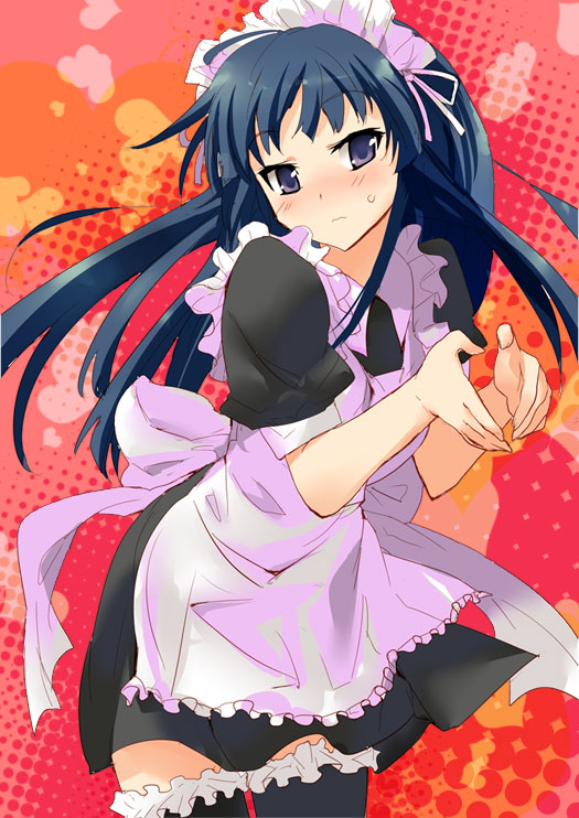 shige, akiyama mio, k-on!, 00s, 1girl, alternate costume, black hair, blush, enmaided, female focus, frilled thighhighs, frills, heart, heart hands, long hair, maid, maid headdress, moe moe kyun!, solo, thighhighs, zettai ryouiki