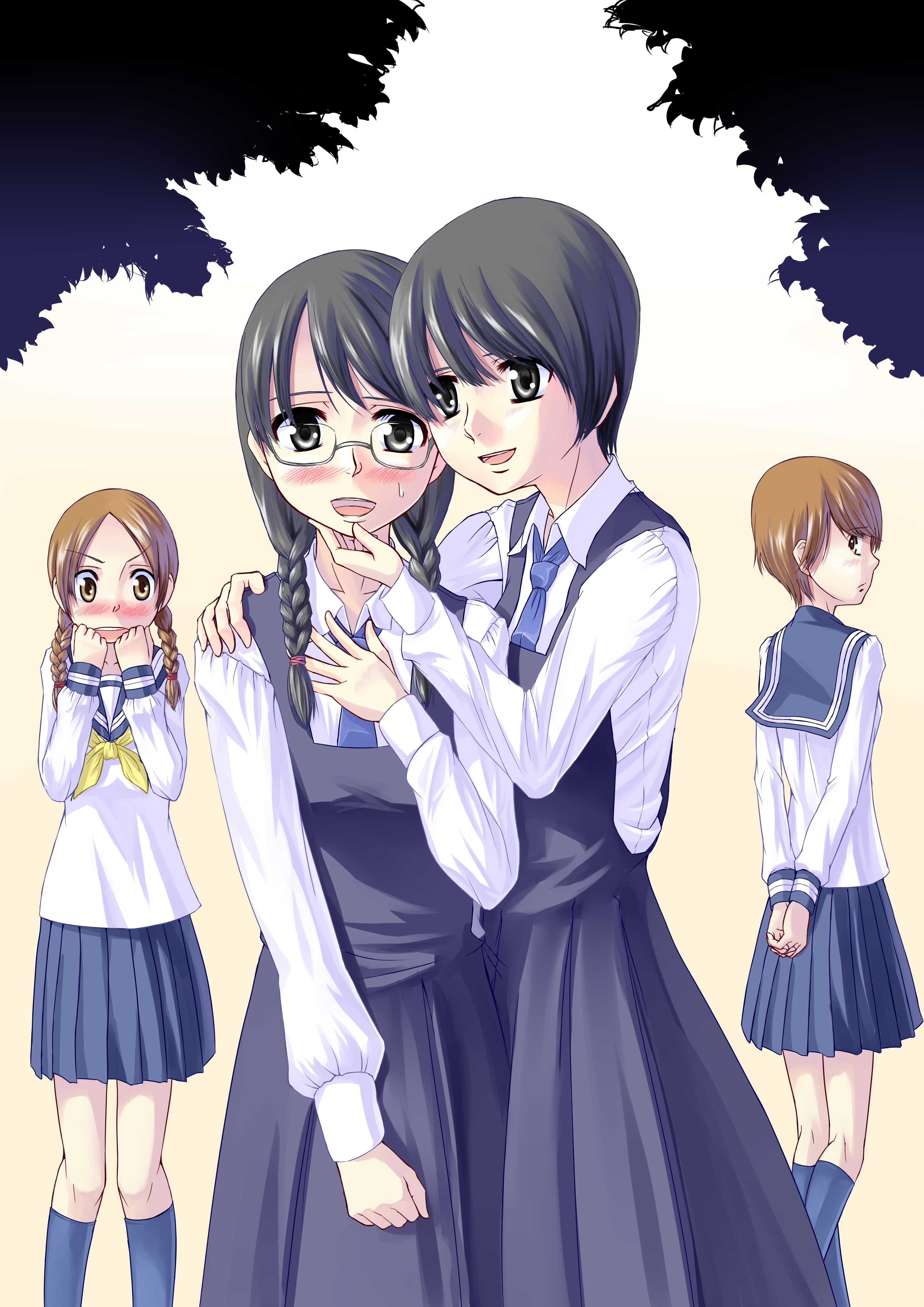 nomi, ikumi kyouko, manjoume fumi, okudaira akira, sugimoto yasuko, aoi hana, absurdres, highres, 00s, black hair, blush, braid, brown hair, glasses, kneehighs, long hair, looking back, necktie, open mouth, school uniform, serafuku, short hair, skirt, socks, twin braids, twintails, yuri