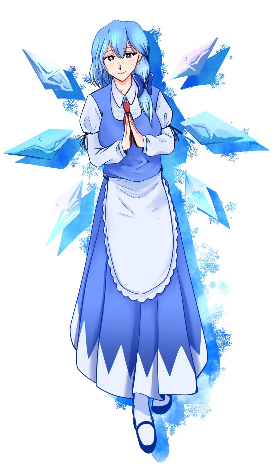 dr. addamelech, cirno, touhou, commentary, english commentary, highres, 1girl, aged up, alternate breast size (larger), alternate hair length, alternate hairstyle, apron, ascot, blue dress, blue hair, bow, bright pupils, collared shirt, detached wings, dress, full body, hair bow, hair over shoulder, ice, ice wings, juliet sleeves, long dress, long hair, long sleeves, looking at viewer, mary janes, mole, mole under eye, palms together, pinafore dress, pochi (pochi-goya) (style), puffy sleeves, red ascot, shirt, shoes, sleeveless, sleeveless dress, smile, snowflake background, solo, waist apron, white apron, white background, white pupils, white shirt, wings