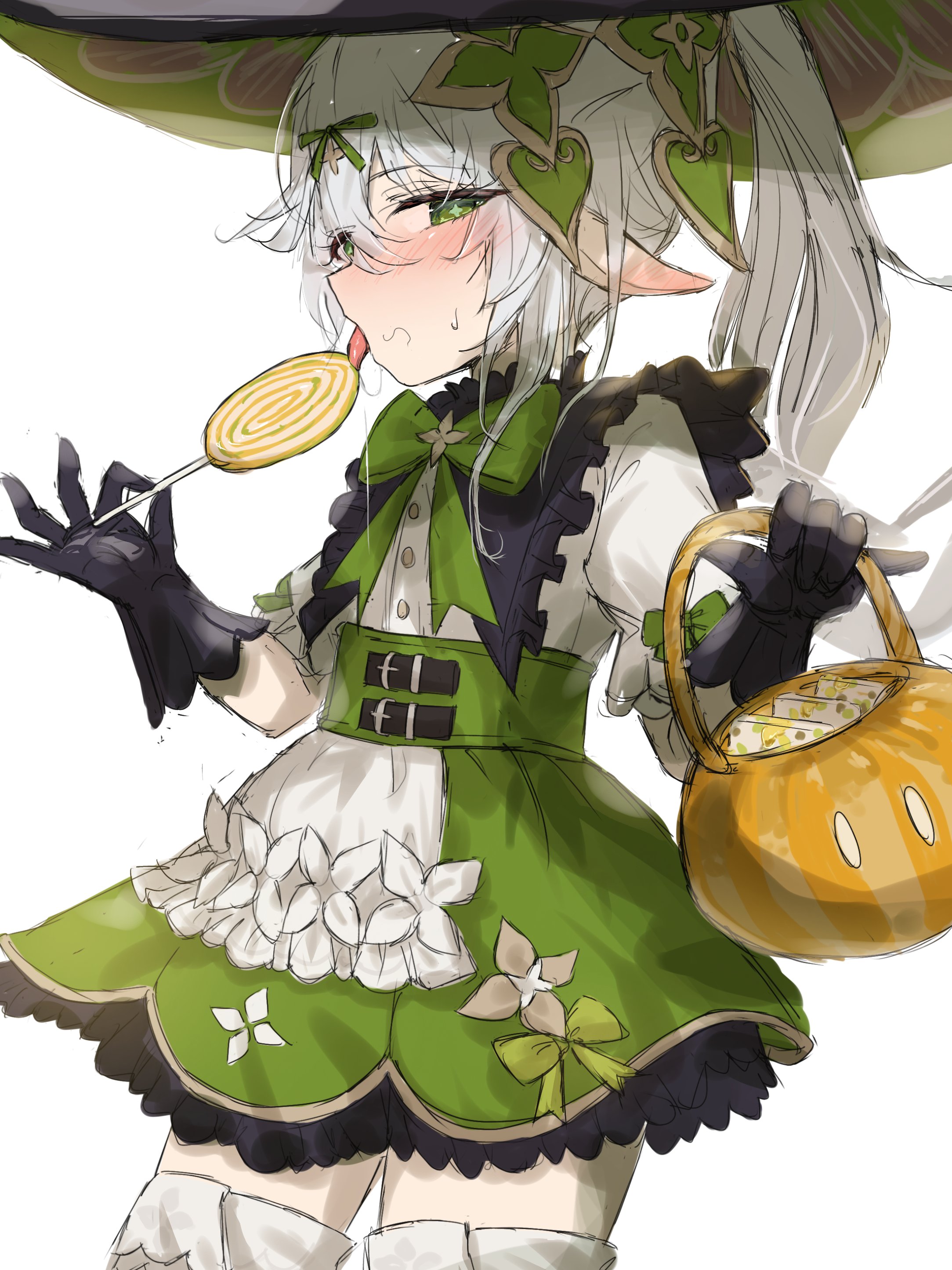 klee (blossoming starlight) (genshin impact), klee (genshin impact), nahida (genshin impact), slime (genshin impact), genshin impact, absurdres, commentary, highres, 1girl, alternate color, alternate costume, apron, basket, belt, black belt, black gloves, blush, bow, bowtie, bright pupils, buttons, candy, cosplay, cowboy shot, cross-shaped pupils, ear blush, food, frilled apron, frilled shirt collar, frills, gloves, green bow, green bowtie, green eyes, green ribbon, green skirt, hair flaps, hair ornament, hair ribbon, halloween, halloween bucket, halloween costume, hat, holding, holding basket, holding candy, holding food, holding lollipop, klee (genshin impact) (cosplay), large hat, licking, licking food, lollipop, long hair, looking at viewer, miniskirt, multiple belts, nose blush, objectification, petticoat, pinching, pointy ears, profile, puffy short sleeves, puffy sleeves, puritan collar, ribbon, saliva, saliva trail, shaka sign, shirt, shirt tucked in, short sleeves, side ponytail, sideways glance, simple background, skirt, sleeve bow, solo, standing, stray pubic hair, sweatdrop, swirl lollipop, symbol-shaped pupils, thighhighs, tongue, tongue out, torten, underbust, waist apron, white apron, white background, white hair, white shirt, white thighhighs, witch, witch hat, zettai ryouiki