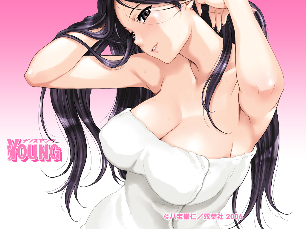 happoubi jin, men's young, 00s, 1girl, 2006, adjusting hair, armpits, arms up, black hair, blush, breasts, brown eyes, cleavage, female focus, head tilt, impossible towel, large breasts, lipstick, long hair, looking at viewer, makeup, naked towel, pink eyes, smile, solo, towel, upper body, very long hair, wet