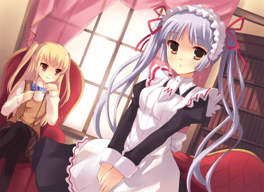 peach88, shidou mariya, shinouji matsurika, maria holic, bad id, bad pixiv id, 00s, 1boy, 1girl, blonde hair, blue hair, crossed legs, cup, hair ribbon, hairband, maid, mole, mole under eye, mug, red eyes, ribbon, school uniform, sitting, trap, twintails, yellow eyes