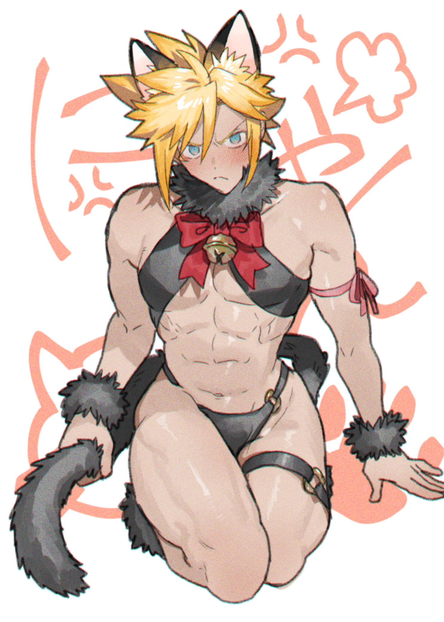 none (kameko227), cloud strife, final fantasy, final fantasy vii, highres, 1boy, abs, angry, animal ears, arm ribbon, bell, blonde hair, blue eyes, blush, cat ears, cat tail, crossdressing, crossdressing (mtf), embarrassed, fur choker, fur wrist cuffs, holding own tail, kemonomimi mode, male focus, navel, neck bell, red ribbon, ribbon, short hair, spiked hair, stomach, tail, thighs, toned, toned male, wrist cuffs