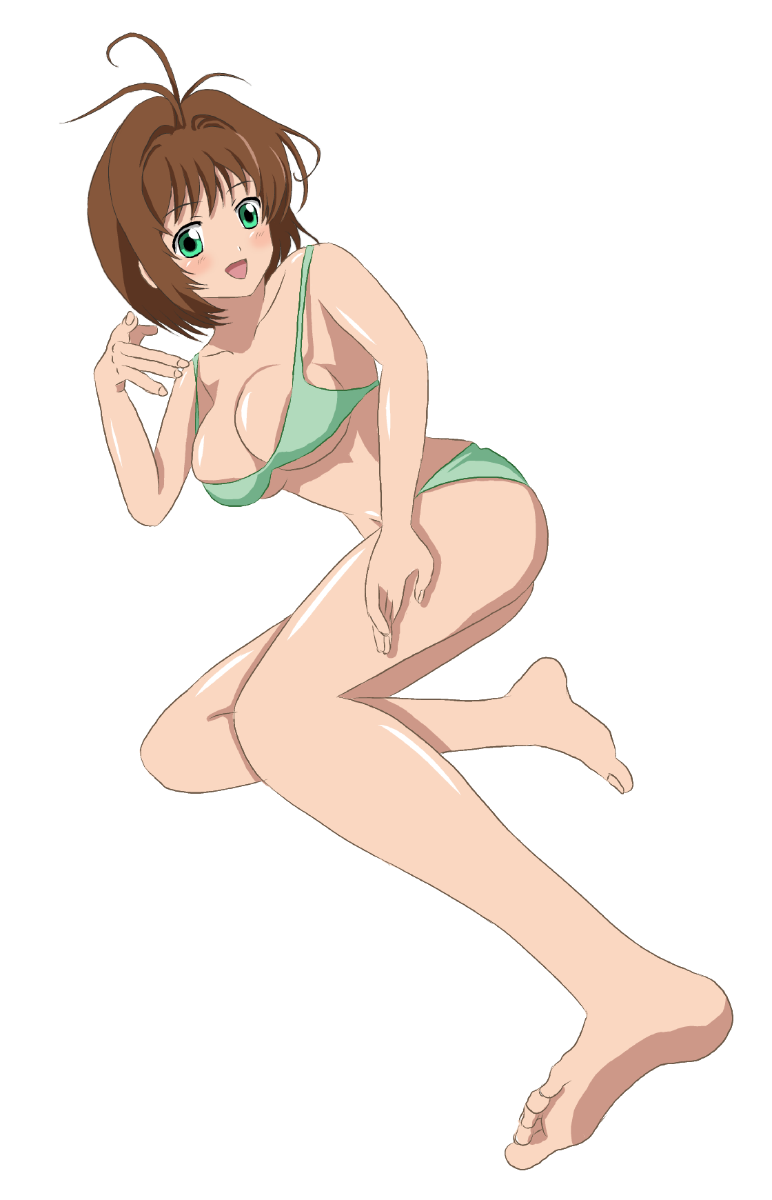 highres, 1girl, bad anatomy, bad hands, barefoot, bikini, breasts, brown hair, bursting breasts, feet, female focus, green eyes, large breasts, open mouth, poorly drawn, short hair, solo, swimsuit