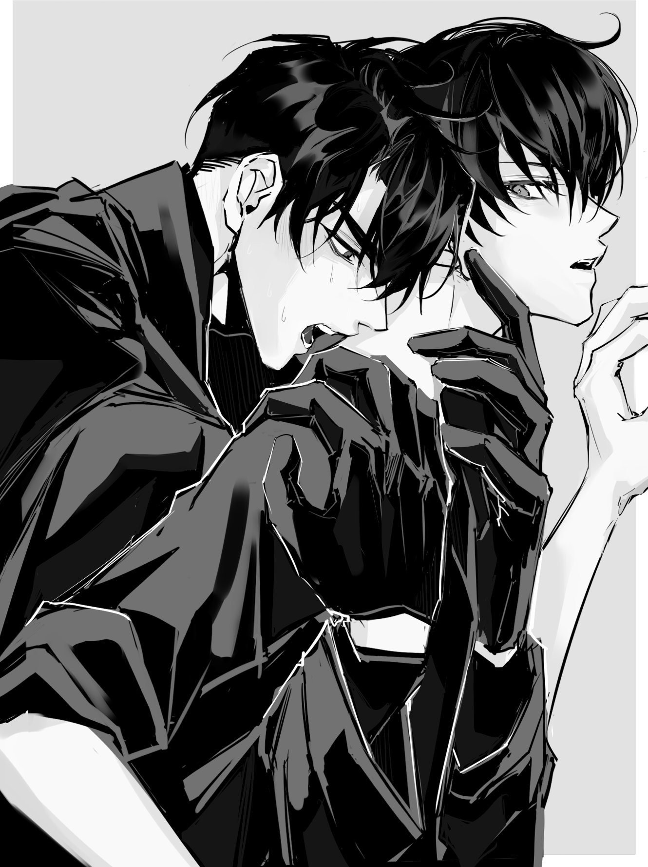 rhyme1863, kim dokja, yoo joonghyuk, omniscient reader's viewpoint, commentary, english commentary, highres, 2boys, against wall, black coat, black gloves, black hair, black shirt, coat, cowboy shot, from side, gloves, greyscale, hand on another's shoulder, imminent bite, large hands, looking back, male focus, monochrome, multiple boys, parted lips, shirt, short hair, sleeves rolled up, yaoi