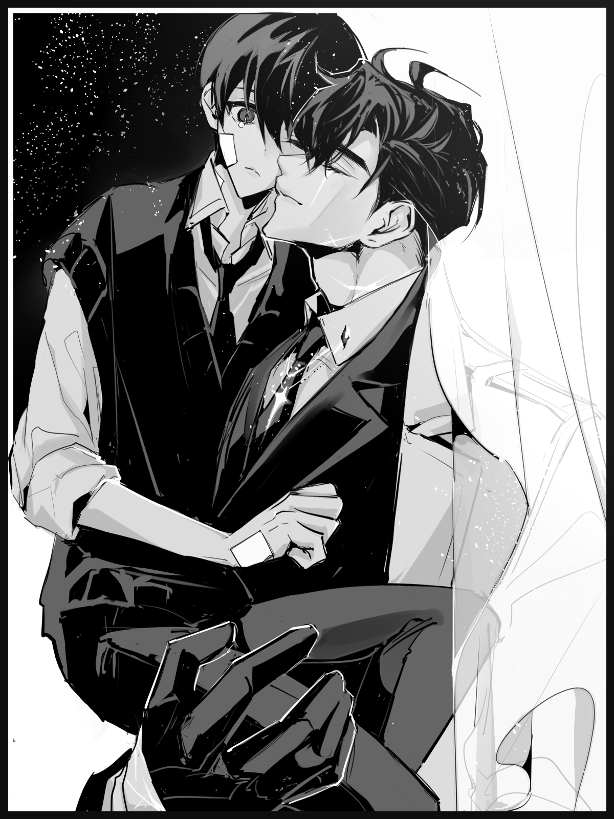 rhyme1863, kim dokja, oldest dream, secretive plotter, yoo joonghyuk, omniscient reader's viewpoint, commentary, english commentary, highres, 2boys, ;(, age difference, bandage on face, bandages, bandaid, bandaid on hand, black coat, black necktie, black vest, carrying, carrying person, child carry, closed eyes, coat, collared shirt, crying, crying with eyes open, curtains, face-to-face, greyscale, hand on another's leg, light particles, male focus, monochrome, multiple boys, multiple scars, necktie, one eye closed, onii-shota, scar, scar across eye, scar on face, scar on hand, scar on nose, shirt, sky, sleeves rolled up, smile, star (sky), starry sky, tears, vest, white shirt