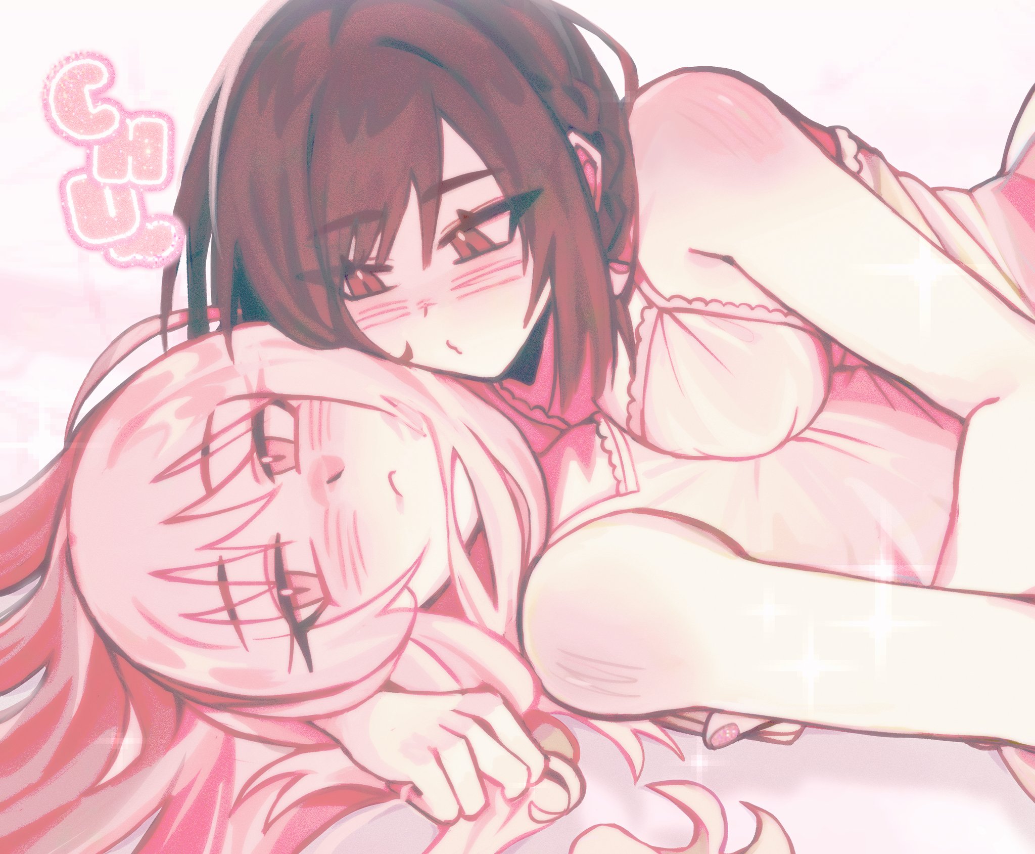 luwwakk, akiyama mizuki, shinonome ena, project sekai, commentary, highres, 1girl, 1other, :c, arm around neck, arm up, armpit crease, blush, bow, bow hairband, braid, breast press, breasts, brown hair, camisole, cleavage, clenched hand, closed mouth, fingernails, flat chest, frilled camisole, frills, from side, hair spread out, hairband, half-closed eyes, hand in another's hair, hand up, heads together, hug, long hair, looking at another, looking at viewer, looking to the side, lying, lying on person, nail polish, o3o, on back, other with female, parted bangs, pink bow, pink camisole, pink eyes, pink hair, pink nails, puckered lips, short braid, short hair, shoulder blush, side braid, sideways glance, sleeveless, sound effects, swept bangs, upper body, white background