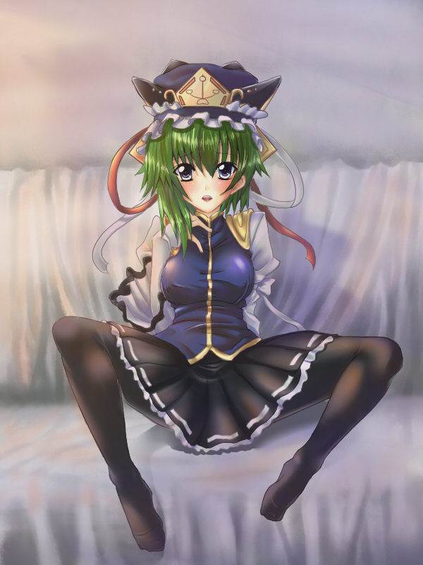 fukkatsu no sorono, sorono wa soro, shiki eiki, touhou, bad id, bad pixiv id, 1girl, blue eyes, blush, female focus, full body, green hair, hat, pantyhose, short hair, sitting, solo, spread legs