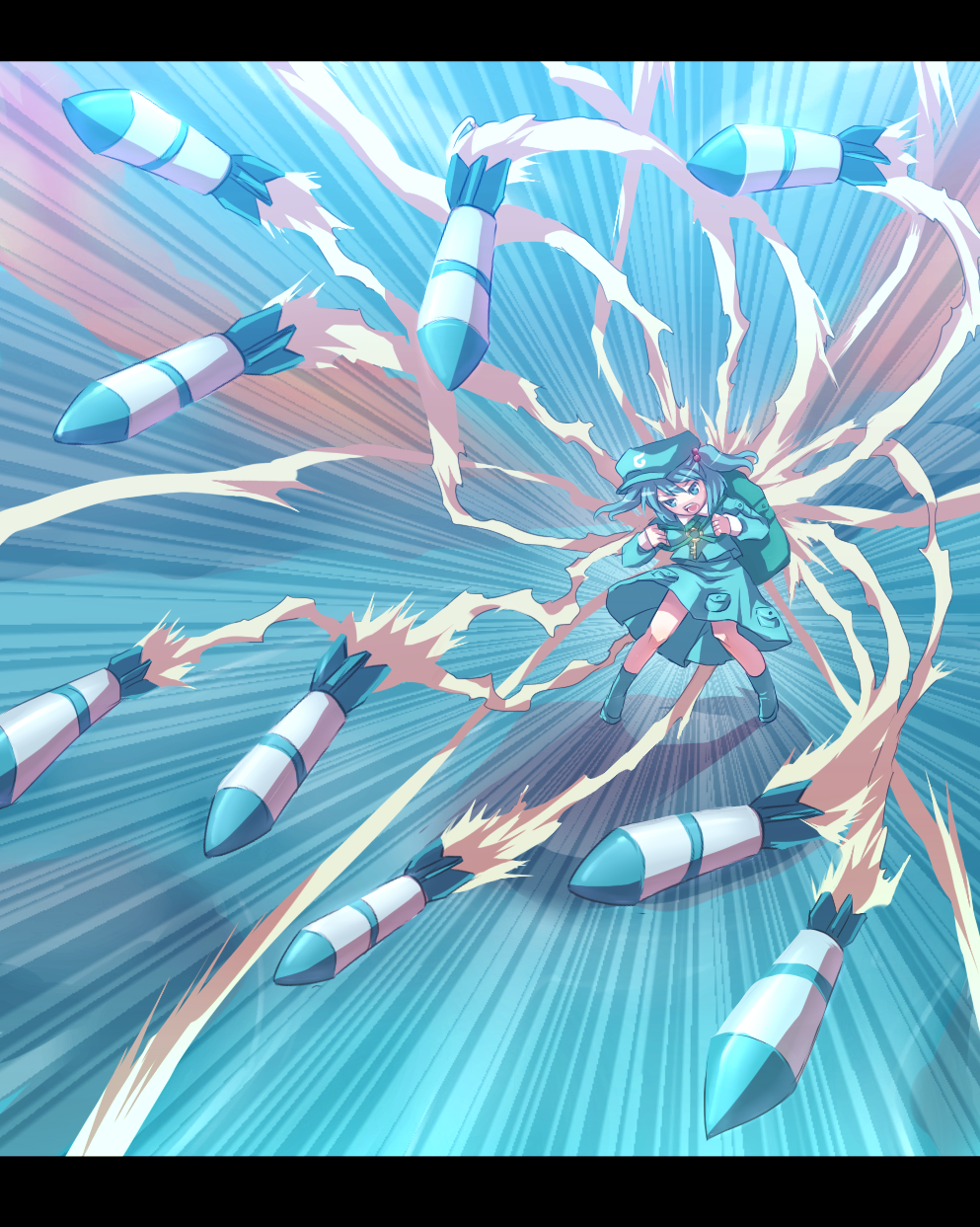 neme, kawashiro nitori, touhou, bad id, bad pixiv id, highres, 1girl, backpack, bag, female focus, hat, itano circus, letterboxed, missile, randoseru, smoke, smoke trail, solo, two side up