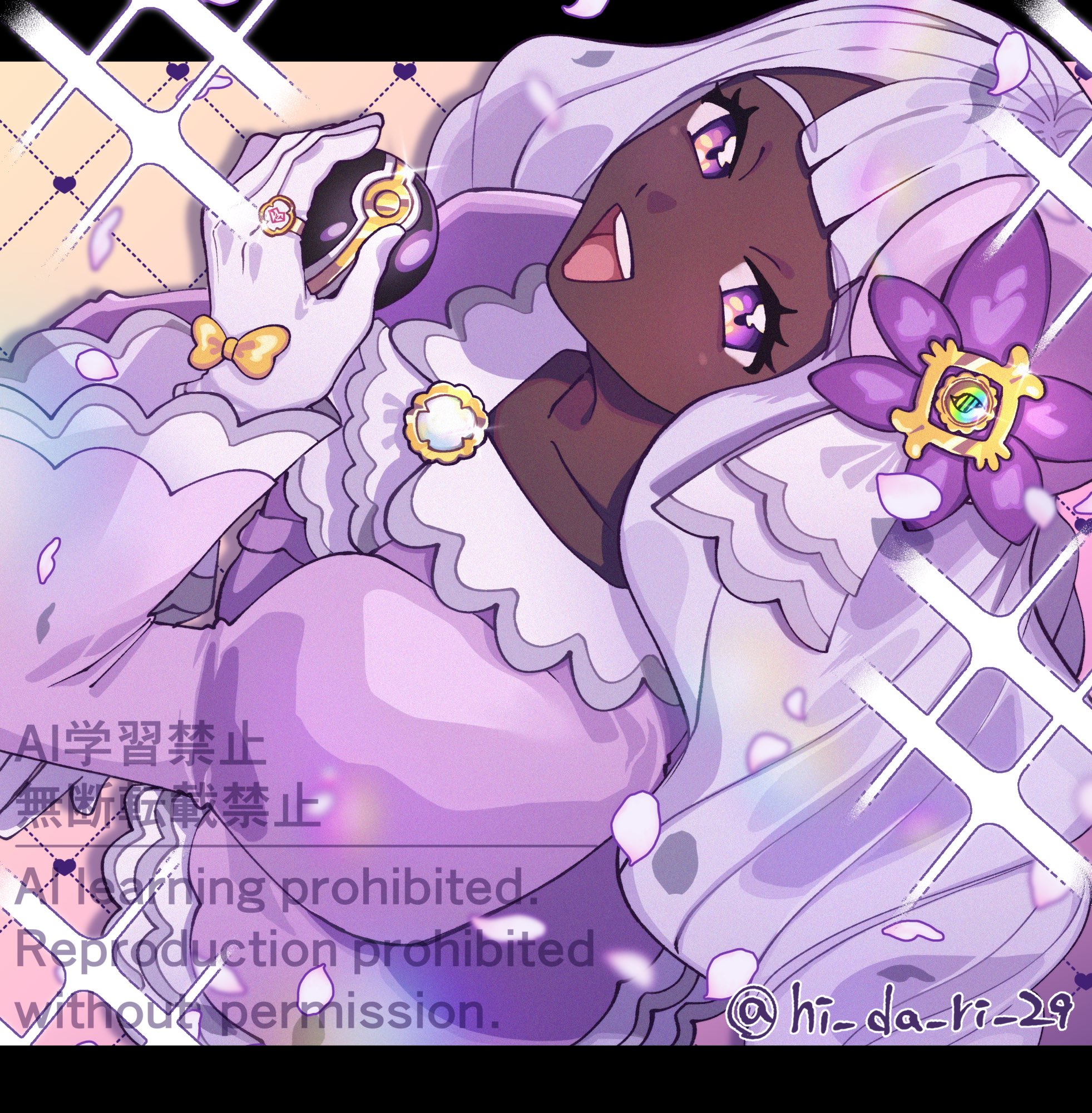 jacinthe (pokemon), nintendo, pokemon, pokemon legends: z-a, heart ring, highres, 1girl, ascot, bow, brooch, dark-skinned female, dark skin, diffraction spikes, dress, falling petals, fascinator, frilled ascot, frills, from above, gem, glint, glove bow, gloves, gold ring, hair ornament, hand up, hi da ri 29, holding, holding poke ball, jewelry, juliet sleeves, long hair, long sleeves, looking at viewer, looking up, low drills, luxury ball, mega stone, open mouth, petals, poke ball, puffy sleeves, purple dress, purple eyes, purple hair, purple petals, smile, solo, teeth, upper body, upper teeth only, very dark skin, yellow bow