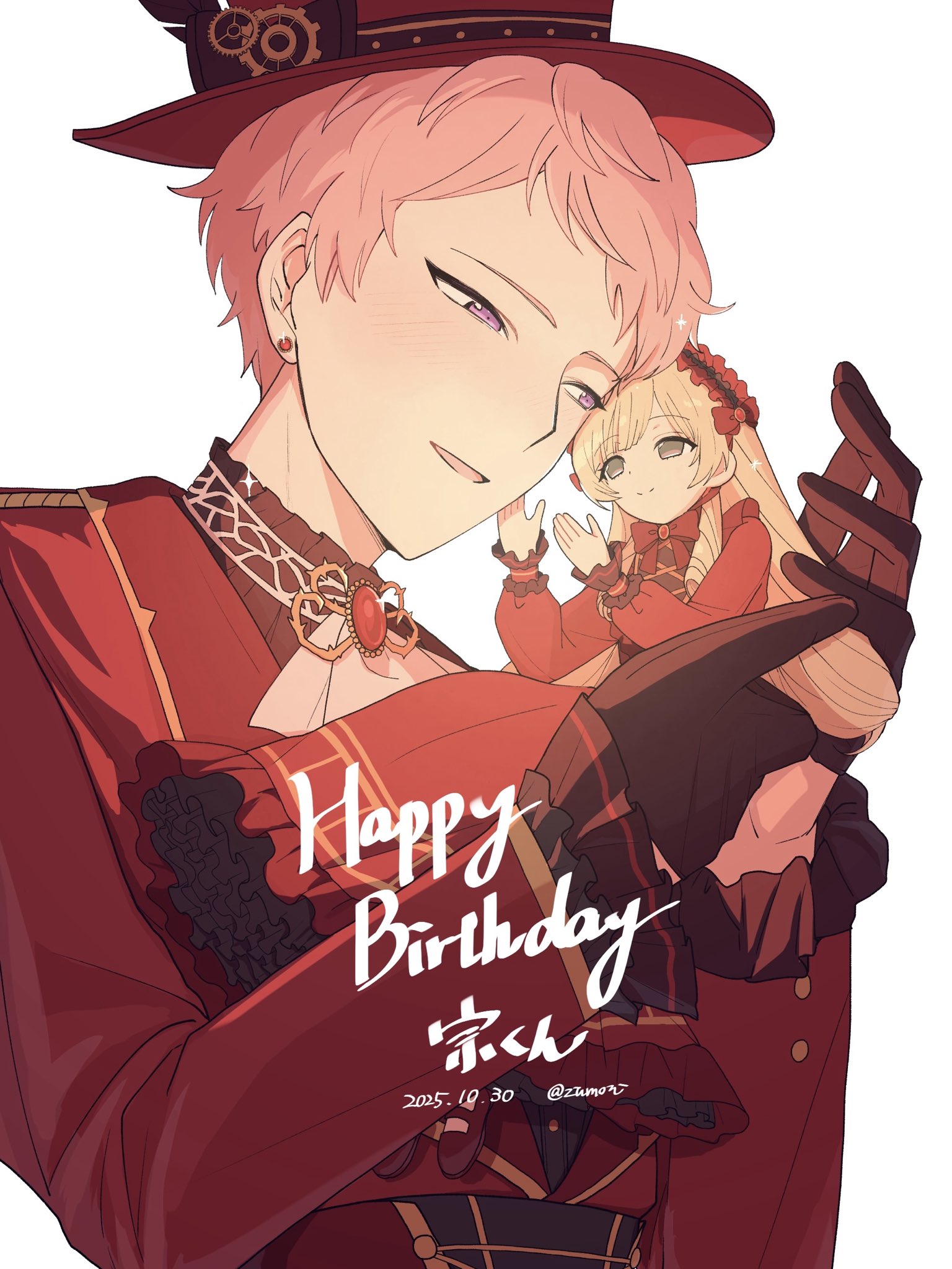 itsuki shu, mademoiselle (ensemble stars!), ensemble stars!, commentary request, highres, 1boy, 1girl, black eyes, blonde hair, character name, closed mouth, dated, earrings, gears, gloves, hands up, happy birthday, hat, jewelry, long hair, long sleeves, open mouth, pink hair, purple eyes, red hat, short bangs, short hair, simple background, smile, split mouth, stud earrings, twitter username, upper body, white background, zu (ztumoti)