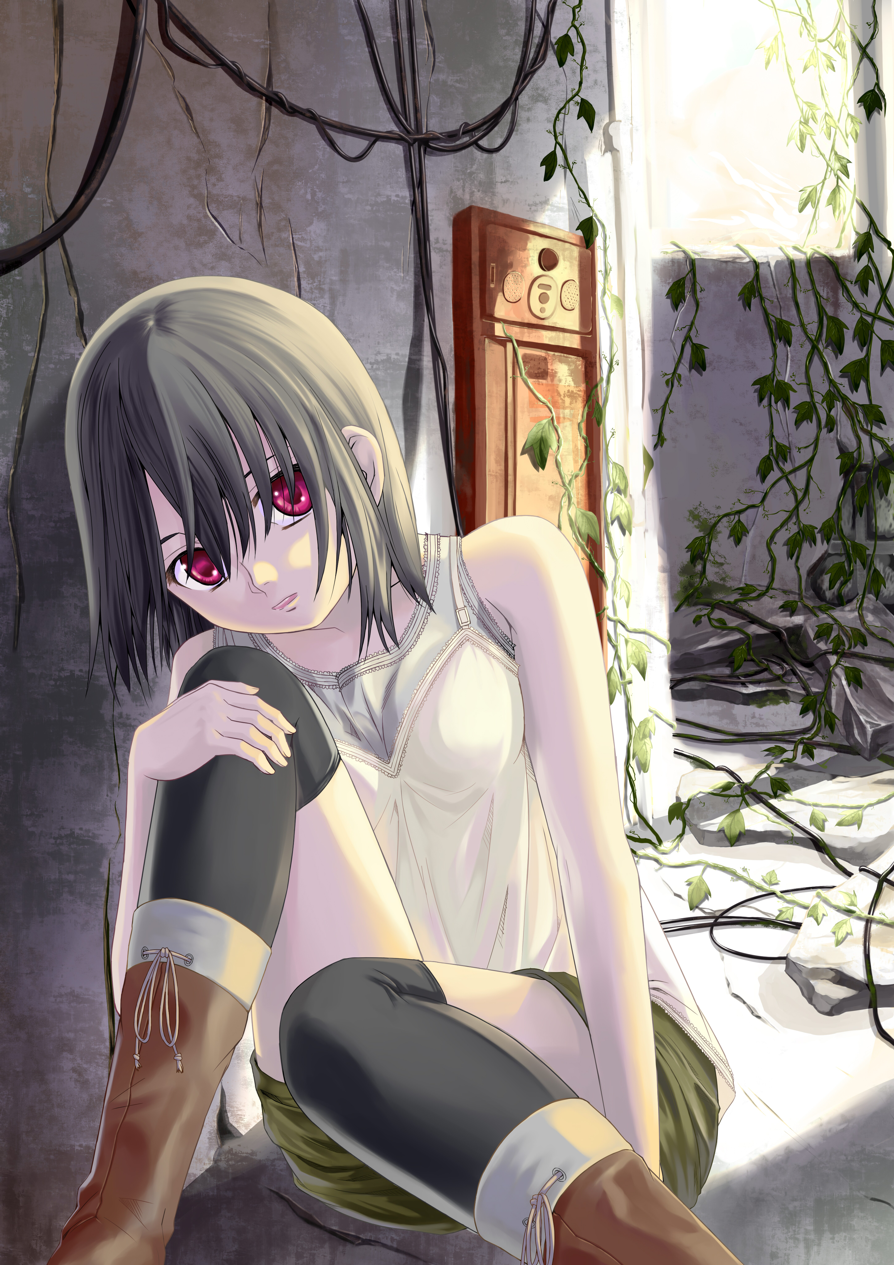 nomi, original, absurdres, highres, 1girl, bare shoulders, black hair, boots, breasts, female focus, hugging own legs, medium breasts, red eyes, short hair, sitting, solo, thighhighs