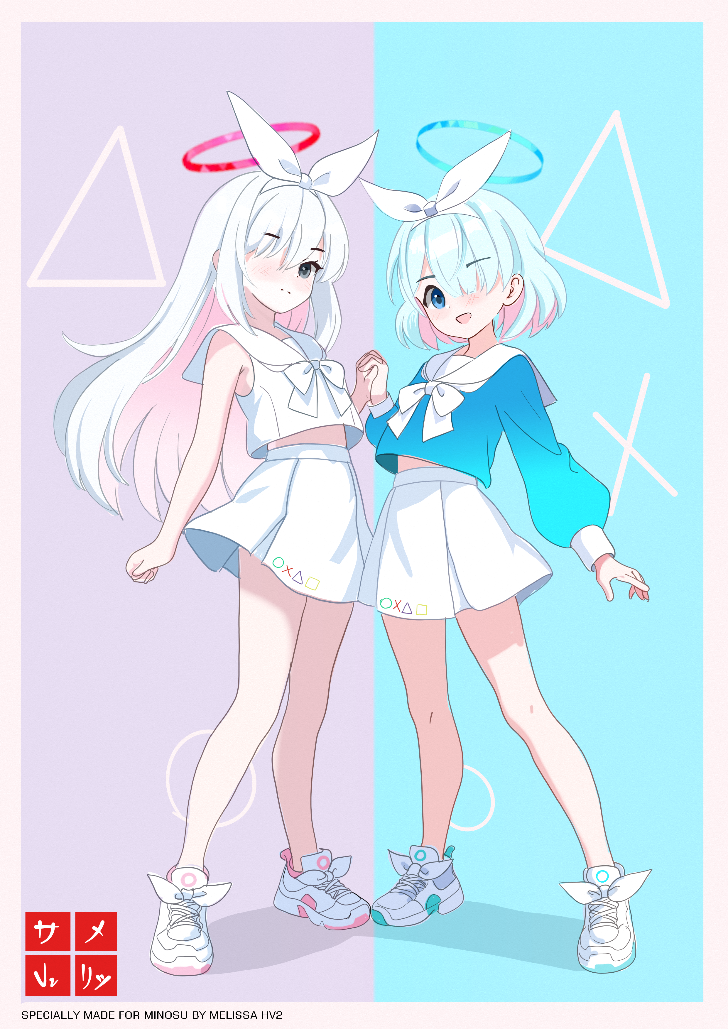 melissa v2, arona (blue archive), plana (blue archive), blue archive, absurdres, bilingual commentary, commentary, commission, highres, mixed-language commentary, 2girls, alternate color, alternate costume, artist name, blue background, blue eyes, blue hair, blue halo, blue shirt, blunt bangs, blush, bow, bow hairband, bowtie, clenched hand, closed mouth, colored inner hair, cross-laced shoes, footwear bow, frown, full body, grey eyes, hair bow, hair over one eye, hairband, halo, hand up, holding hands, interlocked fingers, long bangs, long hair, long sleeves, looking at viewer, midriff peek, miniskirt, multicolored hair, multiple girls, one eye covered, open mouth, pink background, pink hair, pleated skirt, puffy long sleeves, puffy sleeves, red halo, shirt, shoes, short hair, sidelocks, simple background, skirt, sleeveless, sleeveless shirt, smile, sneakers, split mouth, standing, straight hair, tareme, two-tone background, two-tone hair, very long hair, white bow, white bowtie, white hair, white hairband, white shirt, white shoes, white skirt