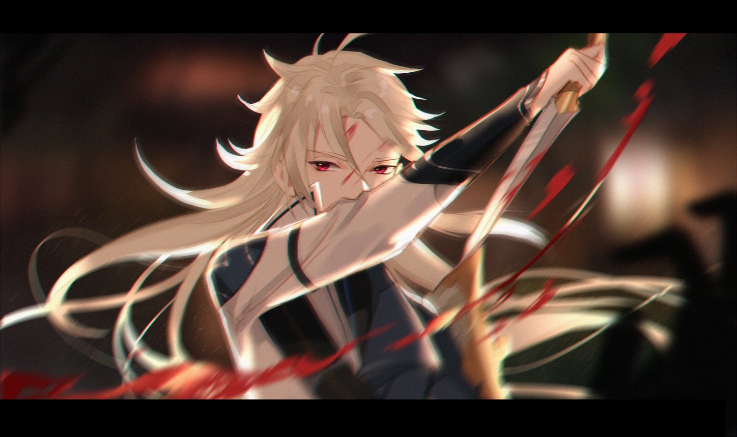 li ai, squirrel fish (the tale of food), the tale of food, chinese commentary, 1boy, antenna hair, arm guards, armor, black border, black shirt, blonde hair, blood, blood on face, blood splatter, bloody knife, blue jacket, blurry, border, covered mouth, dagger, depth of field, hand up, holding, holding dagger, holding knife, holding weapon, implied murder, indoors, jacket, knife, lapels, letterboxed, long hair, long sleeves, looking at viewer, male focus, motion blur, multicolored jacket, official alternate costume, outstretched arm, parted bangs, pov, pov hands, red eyes, reverse grip, shirt, shoulder armor, shoulder guard, sleeve garter, solo, two-tone jacket, upper body, very long hair, weapon, white jacket