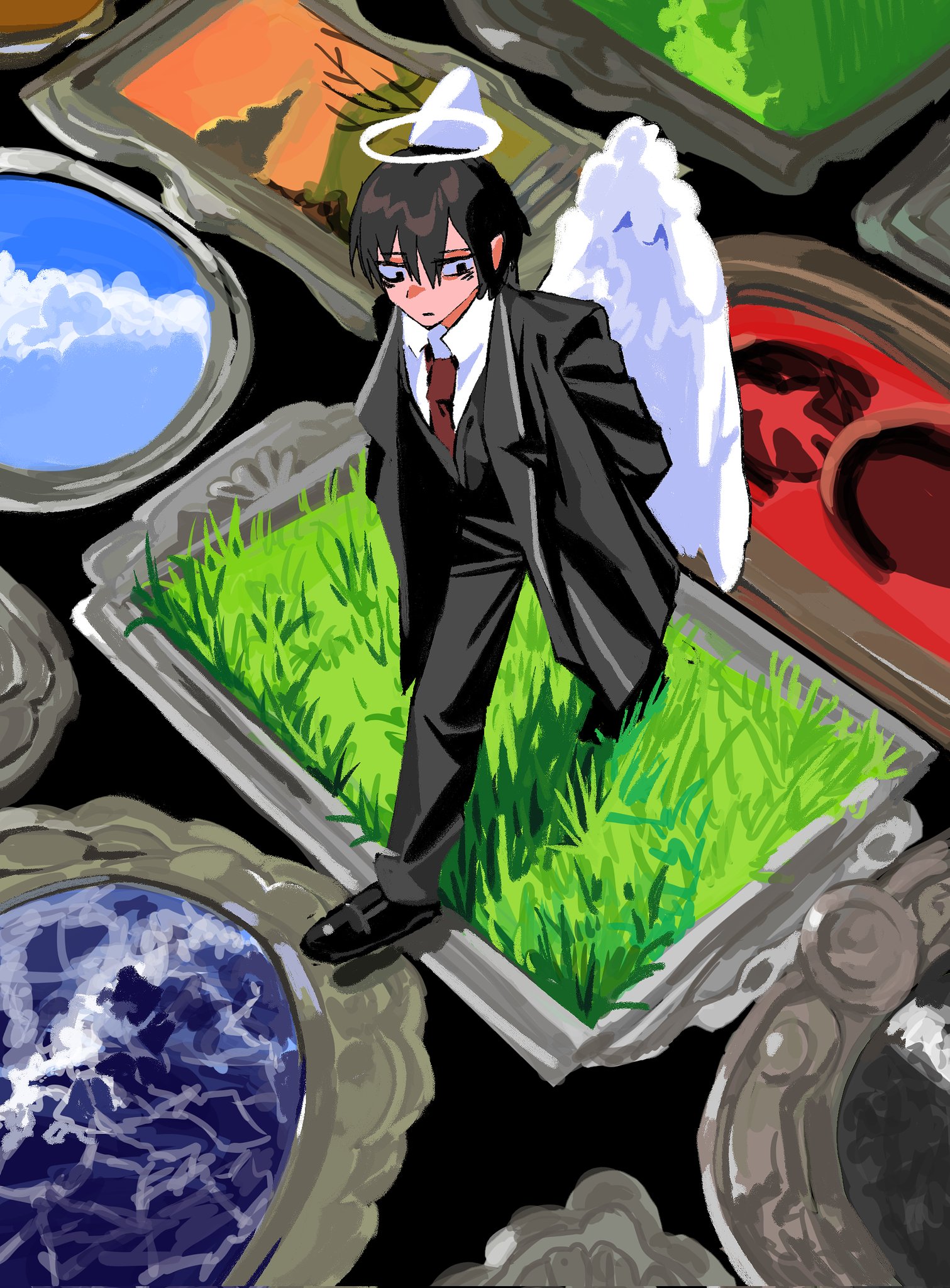 yongsadragon, yi sang (project moon), limbus company, project moon, highres, 1boy, :|, aegyo sal, angel, arms behind back, bags under eyes, black coat, black hair, black vest, closed mouth, cloud, coat, collared shirt, feathered wings, from above, full body, grass, halo, looking to the side, male focus, necktie, portrait (object), red necktie, scenery, shirt, short hair, solo, vest, walking, white shirt, white wings, wings