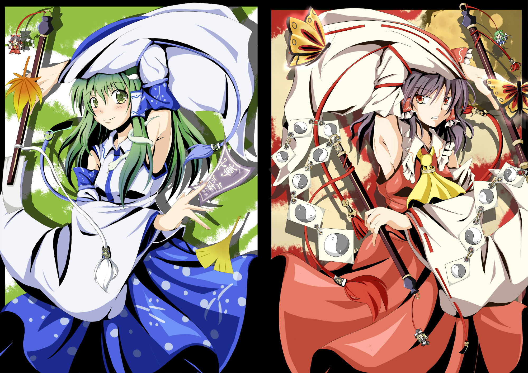 shino (moment), hakurei reimu, kirisame marisa, kochiya sanae, touhou, highres, 2girls, armpits, black hair, detached sleeves, female focus, gohei, green eyes, green hair, japanese clothes, miko, multiple girls, ofuda, red eyes