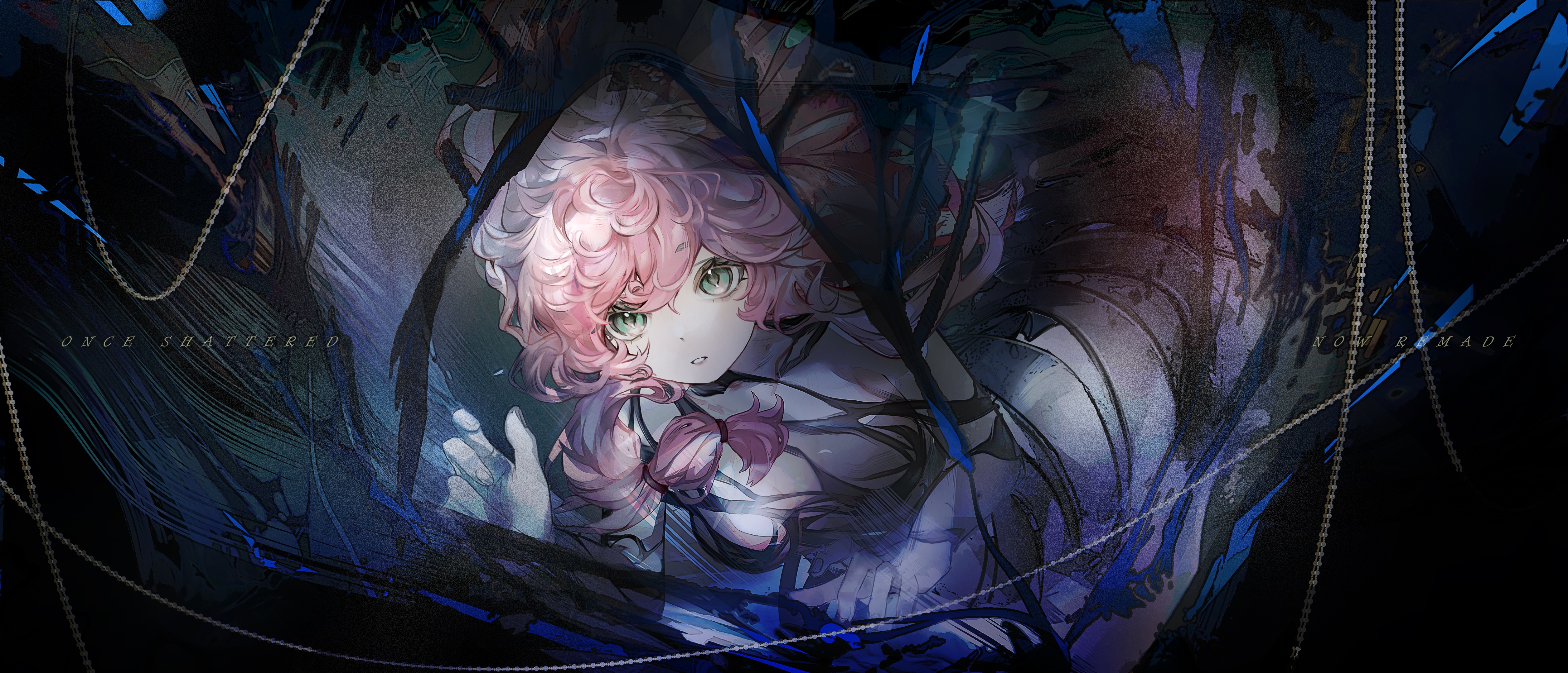 nautika (reverse:1999), reverse:1999, absurdres, highres, 1girl, aqua eyes, black background, centauroid, chimera, cocoon, english text, from above, hand up, long hair, looking at viewer, looking up, monster girl, nongsuo chadong, pink hair, solo, taur, upper body