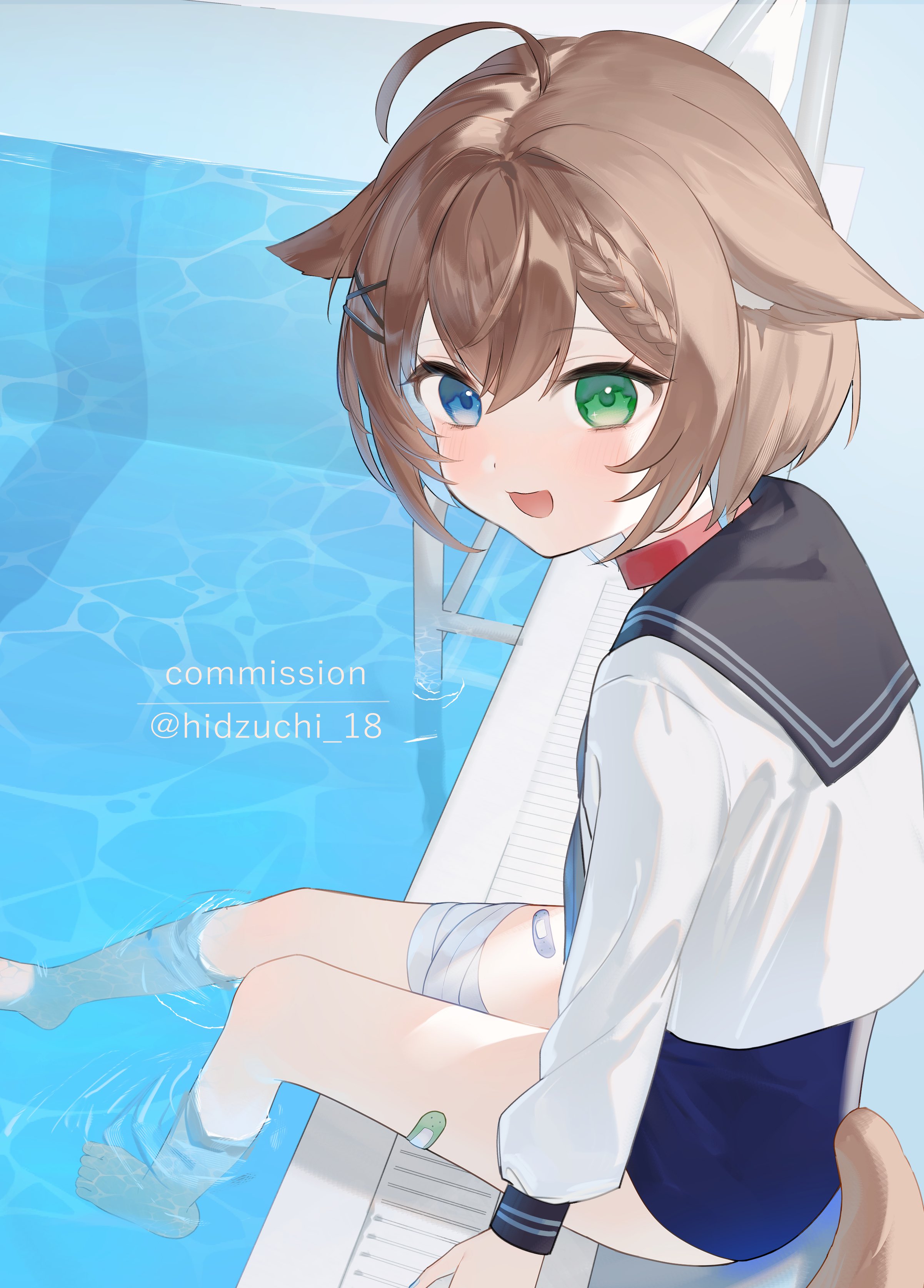 hidzuchi 18, indie virtual youtuber, absurdres, commentary request, commission, highres, skeb commission, 1girl, :3, :d, ahoge, animal collar, animal ears, bandaged leg, bandages, bandaid on thigh, barefoot, black sailor collar, blue eyes, blue hair, blue nails, blue neckerchief, blue one-piece swimsuit, blush, braid, brown hair, cat ears, cat girl, cat tail, collar, colored inner hair, cropped shirt, ears down, english text, green eyes, hair ornament, heterochromia, long sleeves, looking at viewer, michiyo mao, multicolored hair, neckerchief, one-piece swimsuit, open mouth, pool, poolside, red collar, sailor collar, school swimsuit, school uniform, serafuku, short hair, single braid, sitting, smile, soaking feet, swimsuit, swimsuit under clothes, tail, twitter username, v-shaped eyebrows, virtual youtuber, white serafuku, x hair ornament