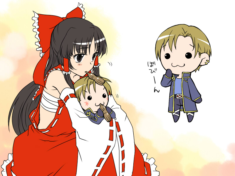 esaka, hakurei reimu, iceman (x-men), m.u.g.e.n, marvel, touhou, x-men, translation request, 1boy, 1girl, :3, bare shoulders, black hair, blonde hair, bow, chibi, coat, crossover, detached sleeves, dress, earrings, eating, hair bow, hetero, hug, japanese clothes, jewelry, large bow, long hair, long sleeves, miko, nyoro~n, parted bangs, red bow, red dress, sarashi, short hair, wide sleeves