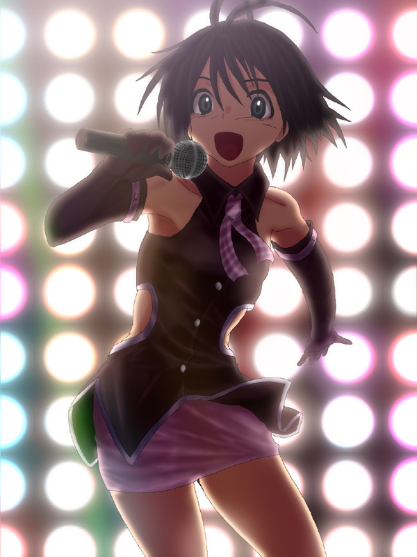 iwatozaki mamoru, kikuchi makoto, idolmaster, idolmaster (classic), 00s, 1girl, antenna hair, cute & girly (idolmaster), elbow gloves, female focus, gloves, microphone, music, open mouth, short hair, singing, solo