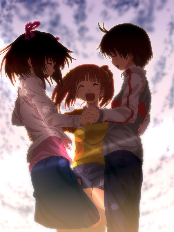 iwatozaki mamoru, amami haruka, kikuchi makoto, takatsuki yayoi, idolmaster, idolmaster (classic), 00s, 3girls, antenna hair, closed eyes, cloud, multiple girls, raglan sleeves, smile