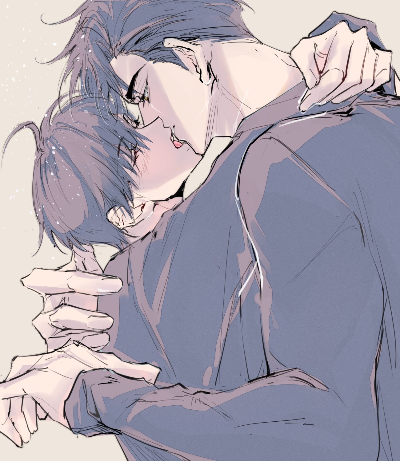 rhyme1863, kim dokja, secretive plotter, yoo joonghyuk, omniscient reader's viewpoint, commentary, english commentary, highres, 2boys, arm around back, arm around shoulder, black hair, black shirt, closed eyes, hands up, imminent kiss, male focus, multiple boys, scar, scar across eye, scar on face, shirt, short hair, tongue, tongue out, upper body, yaoi