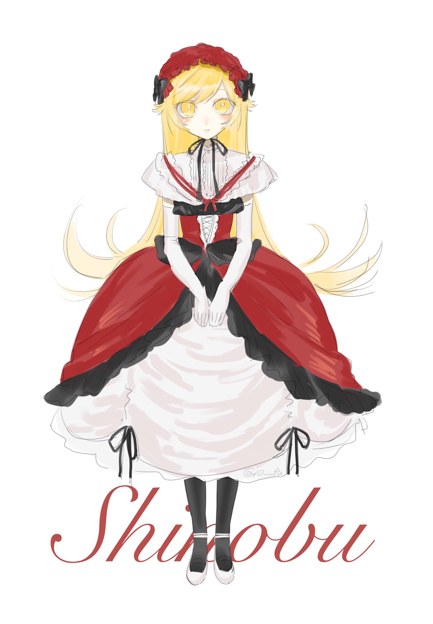 oshino shinobu, monogatari (series), highres, 10 fu, 1girl, black bow, black pantyhose, blonde hair, blush stickers, bow, bow hairband, bright pupils, center cross lace, character name, chin strap, closed mouth, dress, elbow gloves, expressionless, flipped hair, frilled dress, frilled hairband, frills, full body, gloves, gothic lolita, hair flaps, hairband, layered dress, lolita fashion, long hair, looking at viewer, pantyhose, red dress, red hairband, shoes, sleeveless, solo, straight-on, swept bangs, twitter username, v arms, very long hair, white background, white dress, white gloves, white shoes, yellow eyes