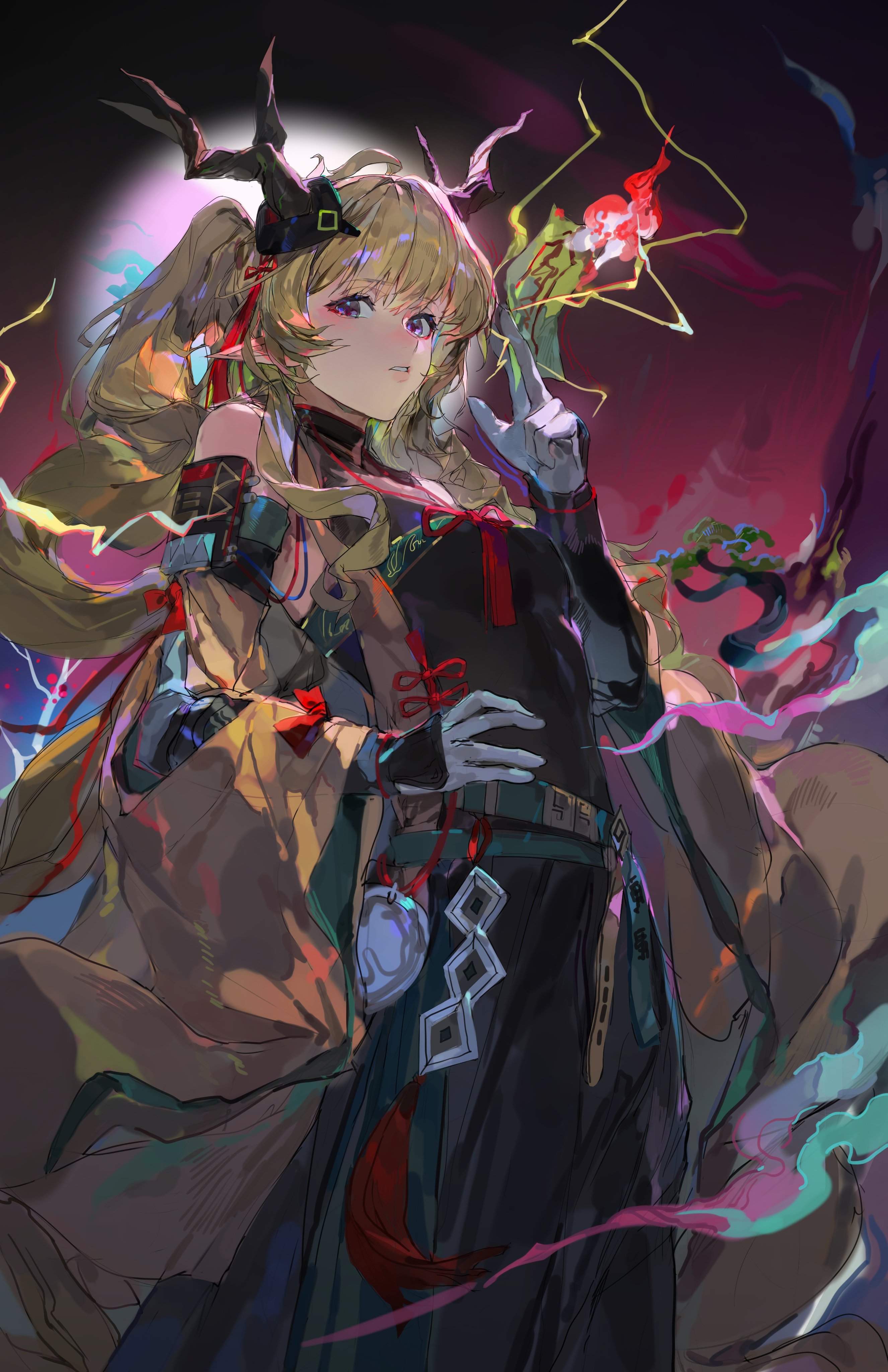 qingfeng canying, leizi (arknights), leizi the thunderbringer (arknights), arknights, absurdres, chinese commentary, commentary request, highres, 1girl, arm up, bare shoulders, black dress, blonde hair, detached sleeves, dragon horns, dress, elbow gloves, feet out of frame, gloves, grey gloves, hair ornament, hair over shoulder, holding, horns, long hair, looking at viewer, parted lips, pointy ears, purple eyes, solo, standing, tassel