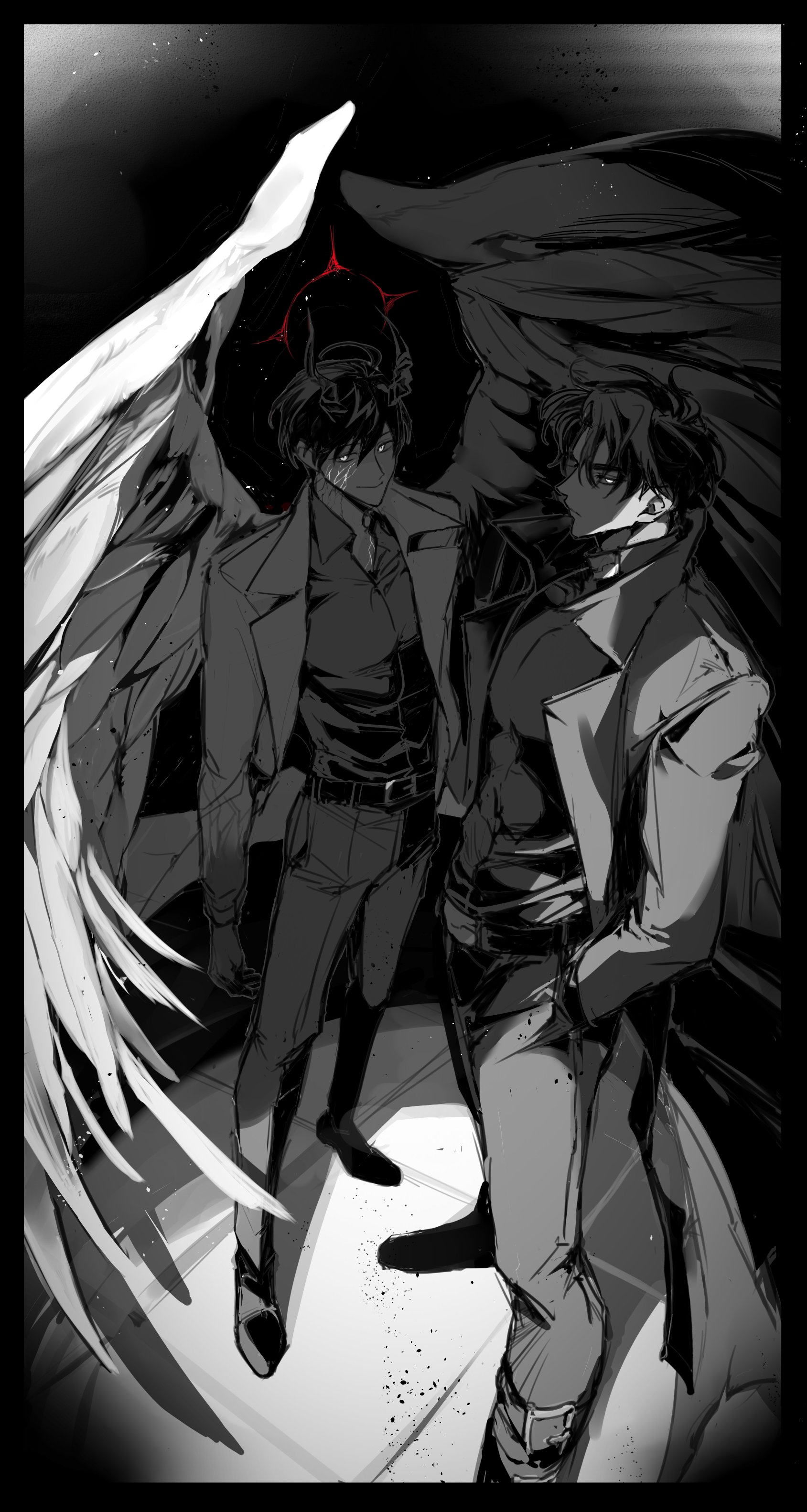 rhyme1863, kim dokja, yoo joonghyuk, omniscient reader's viewpoint, absurdres, commentary, english commentary, highres, 2boys, black border, black coat, black hair, black shirt, black wings, border, coat, collared shirt, colored veins, demon horns, feathered wings, from above, full body, glowing, glowing eyes, gradient skin, halo, halo behind head, hands in pockets, horns, looking at viewer, male focus, multiple boys, official alternate costume, open clothes, open coat, pectorals, popped collar, shirt, short hair, sidelighting, sky, smirk, spot color, standing, star (sky), starry sky, tile floor, tiles, wings