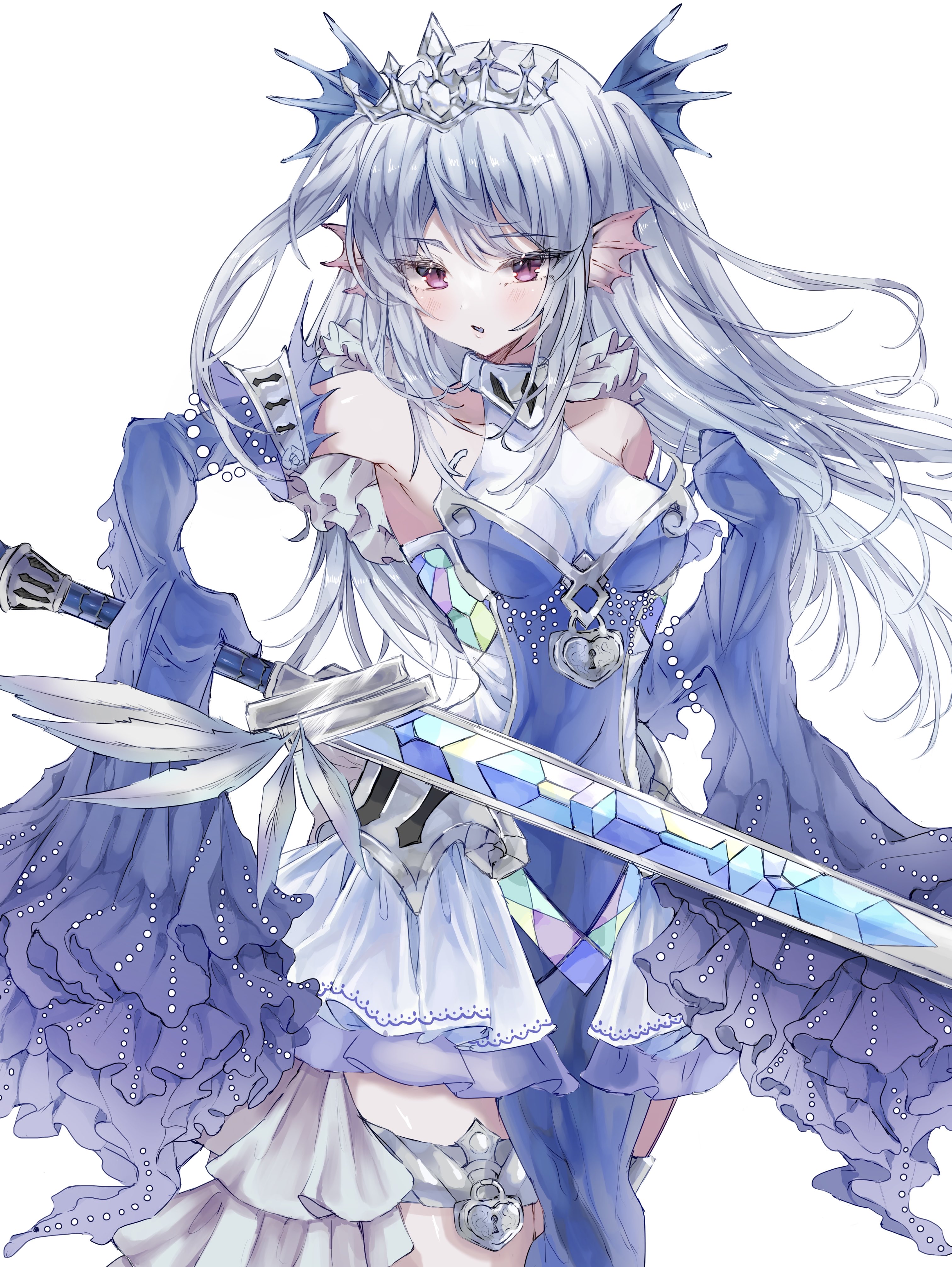 p9v9o, tearlaments scheiren, yu-gi-oh!, absurdres, highres, 1girl, breasts, collarbone, detached sleeves, duel monster, fins, grey hair, hair between eyes, hair ornament, head fins, holding, holding sword, holding weapon, lock, long hair, looking at viewer, medium breasts, pelvic curtain, pink eyes, simple background, skirt, sleeves past fingers, sleeves past wrists, solo, sword, very long hair, weapon, white background, white skirt, white tiara