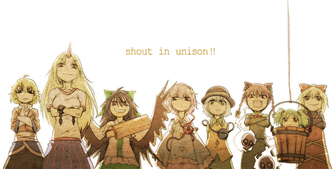 tokomichi, tokomiti, hoshiguma yuugi, kaenbyou rin, kisume, komeiji koishi, komeiji satori, kurodani yamame, mizuhashi parsee, reiuji utsuho, subterranean animism, touhou, bad id, bad pixiv id, 6+girls, animal ears, black hair, blonde hair, bucket, cat ears, cat girl, female focus, green eyes, grin, hat, horns, in bucket, in container, long hair, multiple girls, red eyes, ribbon, short hair, single horn, smile, wings