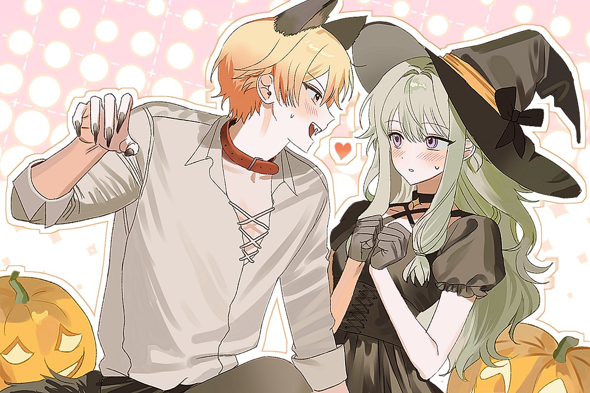 kusanagi nene, tenma tsukasa, project sekai, commentary, symbol-only commentary, 1005 0827, 1boy, 1girl, animal ears, belt, belt collar, black choker, blonde hair, blush, choker, clenched hands, collar, collared shirt, extra ears, fangs, fingernails, gloves, green hair, grey gloves, grey shirt, halloween costume, hand up, hands up, hat, heart, long fingernails, long hair, looking at another, low-tied sidelocks, nervous sweating, open mouth, parted lips, pumpkin, purple eyes, red belt, sharp fingernails, shirt, short hair, short sleeves, sidelocks, sweat, teeth, upper body, upper teeth only, witch hat, wolf ears, yellow eyes