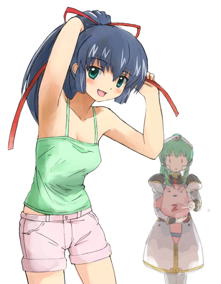 nyama, karasuma chitose, normad, vanilla h, galaxy angel, bad id, bad pixiv id, 00s, 2girls, alternate costume, blue hair, blush, contemporary, green eyes, hair ribbon, high ponytail, long hair, multiple girls, open mouth, pantyhose, ponytail, ribbon, shorts, simple background, smile, tank top, white background, white pantyhose