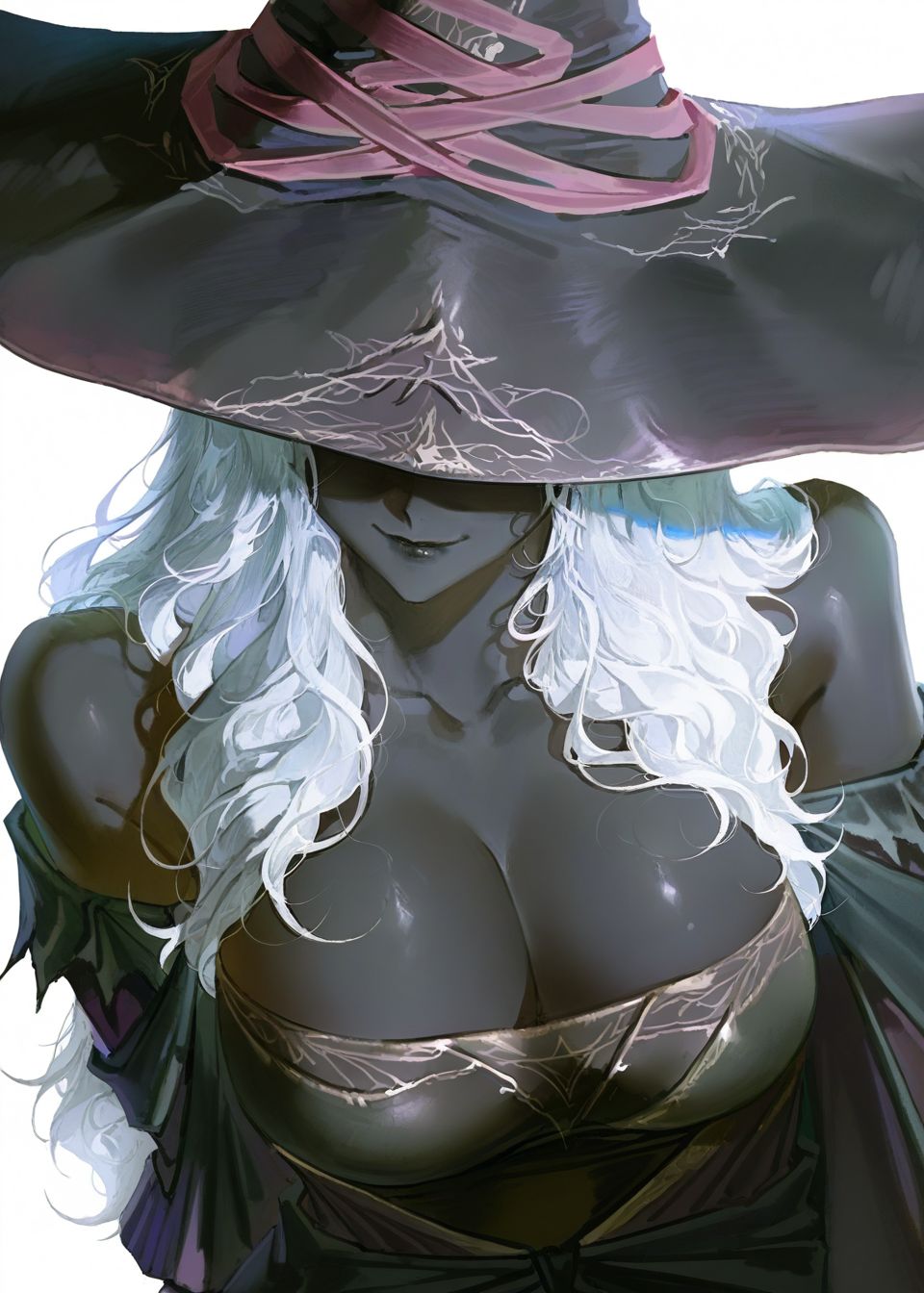 elden ring, elden ring nightreign, highres, 1girl, armpit crease, bare shoulders, beruniart, breasts, cleavage, covered eyes, dark-skinned female, dark skin, hat, large breasts, seductive smile, smile, upper body, white hair, witch, witch hat