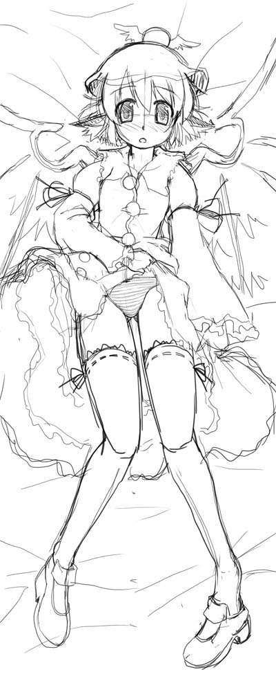 nikusho, omorashi myschi, mystia lorelei, touhou, 1girl, animal ears, dakimakura (medium), dress, female focus, full body, greyscale, hat, lying, monochrome, panties, sketch, solo, striped clothes, striped panties, thighhighs, underwear, white background, wings