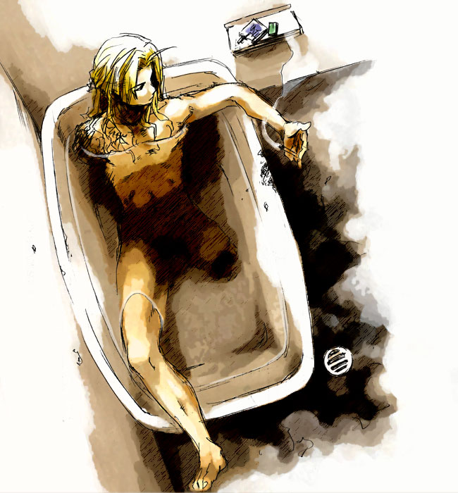 edward elric, fullmetal alchemist, 1boy, amputation, bath, blonde hair, cigarette, indoors, male focus, nude, sketch, solo