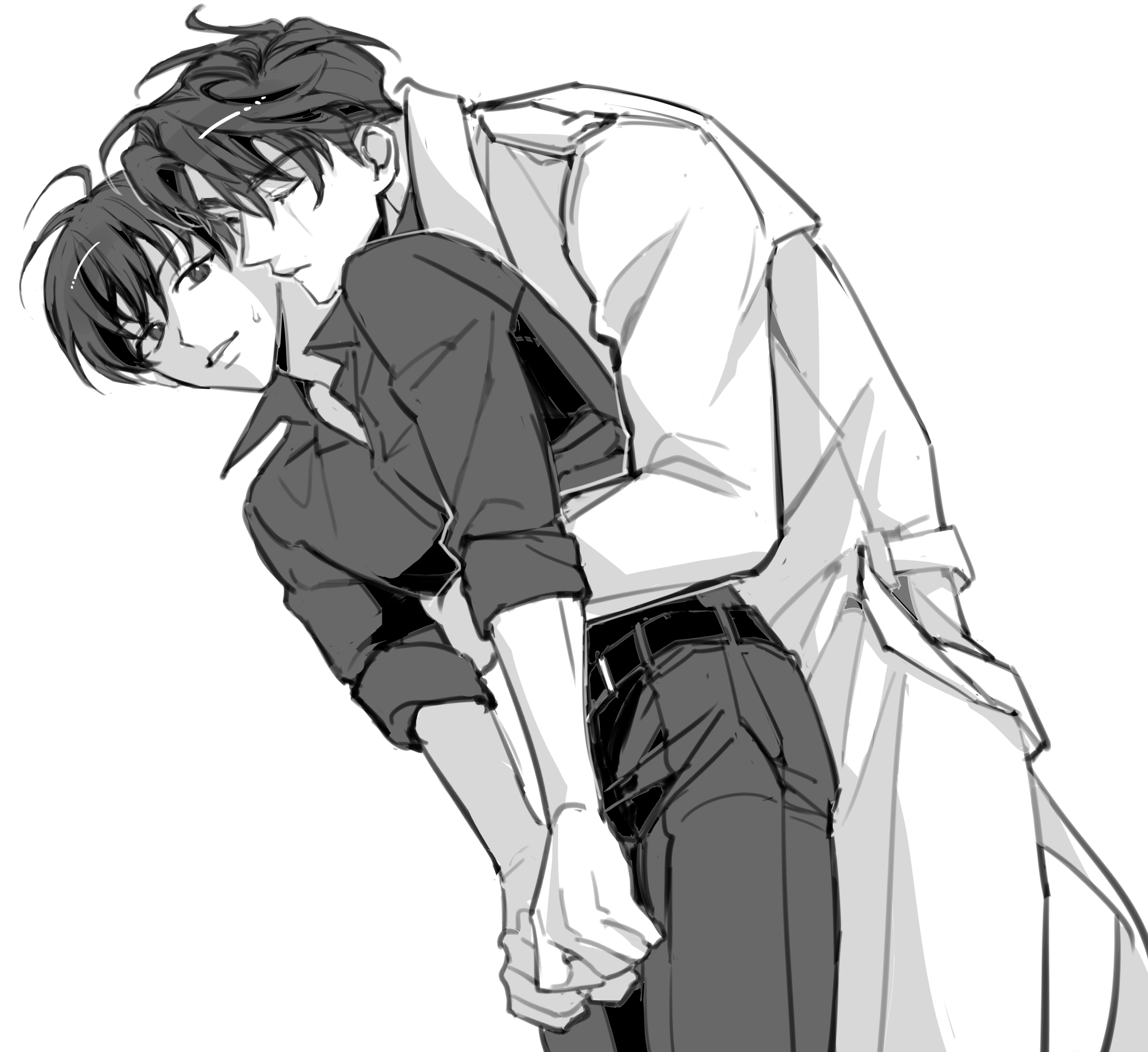 rhyme1863, kim dokja, secretive plotter, yoo joonghyuk, omniscient reader's viewpoint, hashtag-only commentary, highres, 2boys, :d, black hair, black shirt, clenched hand, closed eyes, coat, collared shirt, curtained hair, feet out of frame, hug, hug from behind, leaning forward, leaning on person, looking at viewer, male focus, multiple boys, open clothes, open coat, open mouth, popped collar, scar, scar across eye, scar on face, shirt, short hair, sleeves rolled up, smile, sweatdrop, white coat