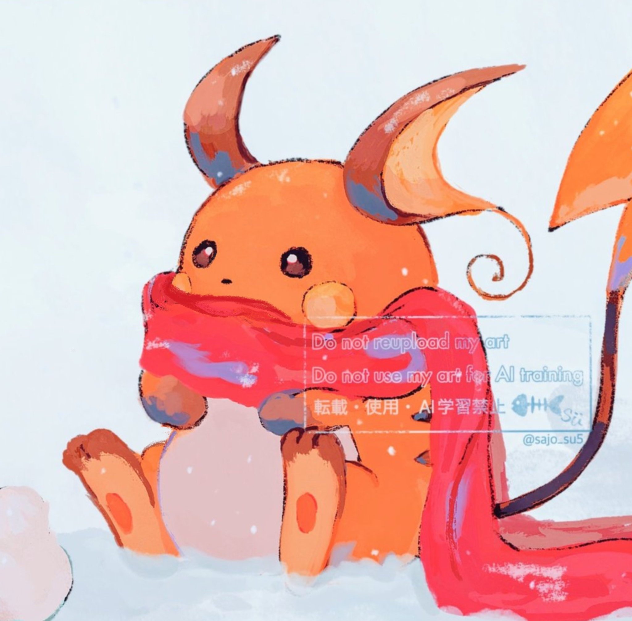 su (sajo su5), raichu, nintendo, pokemon, highres, animal focus, brown eyes, gen 1 pokemon, no humans, orange fur, pokemon (creature), pokemon focus, red scarf, scarf, sitting, snow, solo, tail, yellow fur
