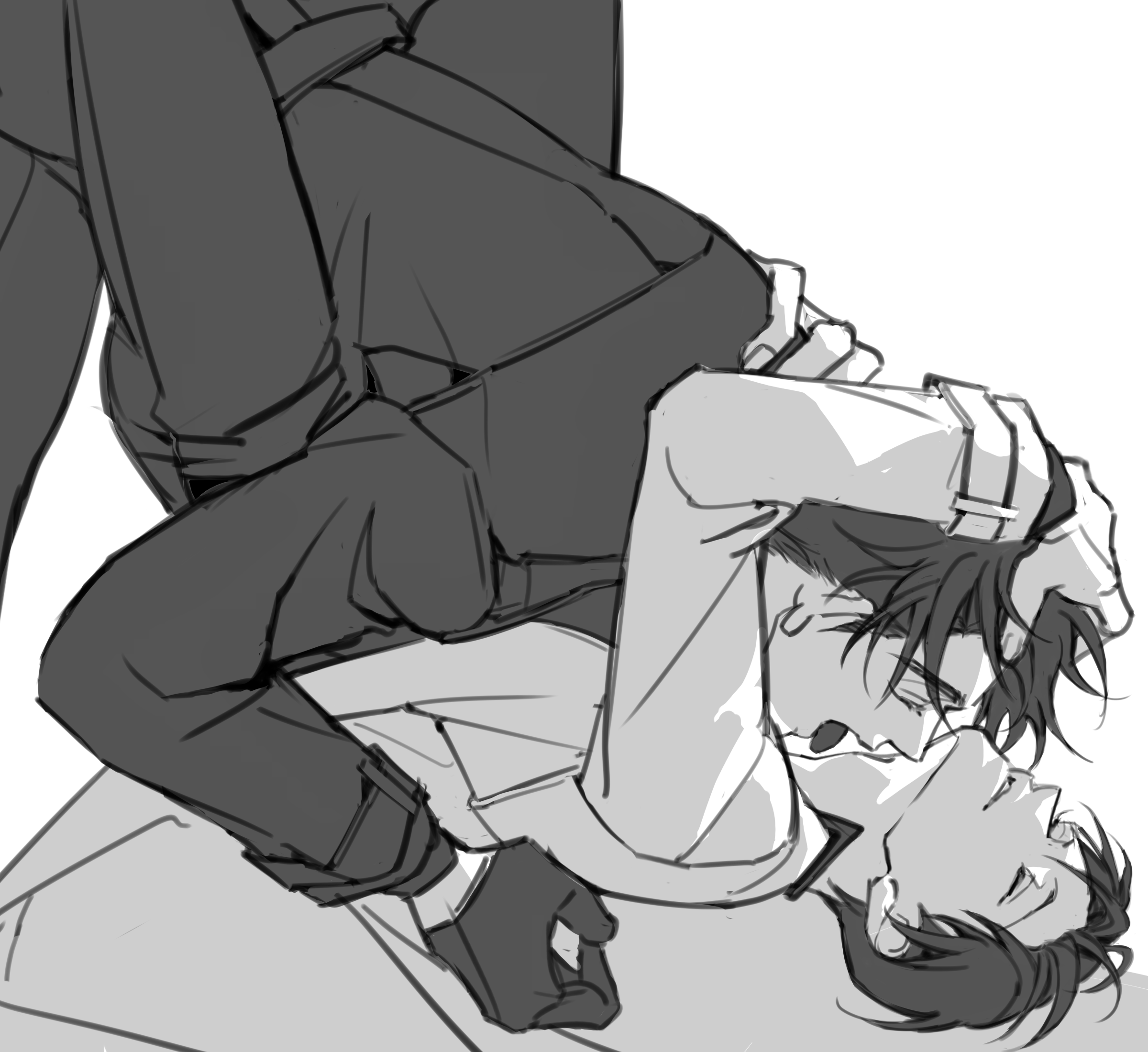 rhyme1863, kim dokja, yoo joonghyuk, omniscient reader's viewpoint, hashtag-only commentary, highres, 2boys, arm around shoulder, black coat, black gloves, closed eyes, coat, gloves, greyscale, hand on another's back, hand on another's head, imminent licking, knees up, lying, male focus, monochrome, multiple boys, on back, open clothes, open coat, popped collar, tongue, tongue out, white coat, yaoi